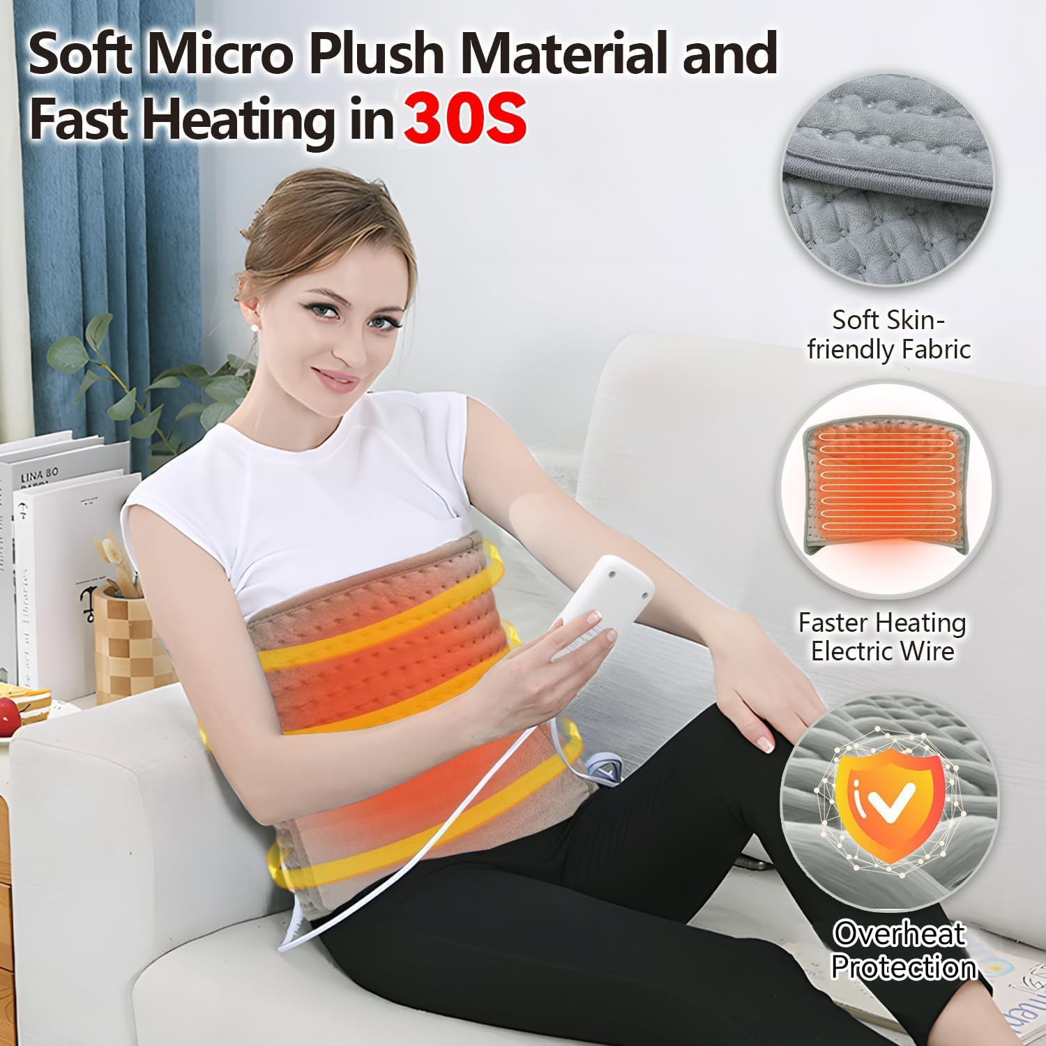 Heating Pad for Back Pain Relief Period Cramp, Koreal 30Cm X 60Cm Heated Pad with 60Cm Waist Belt, 10 Heat Levels 4 Time Setting Auto Shut Off, Electric Heating Pad for Shoulders Pain Relief, Grey image number 5