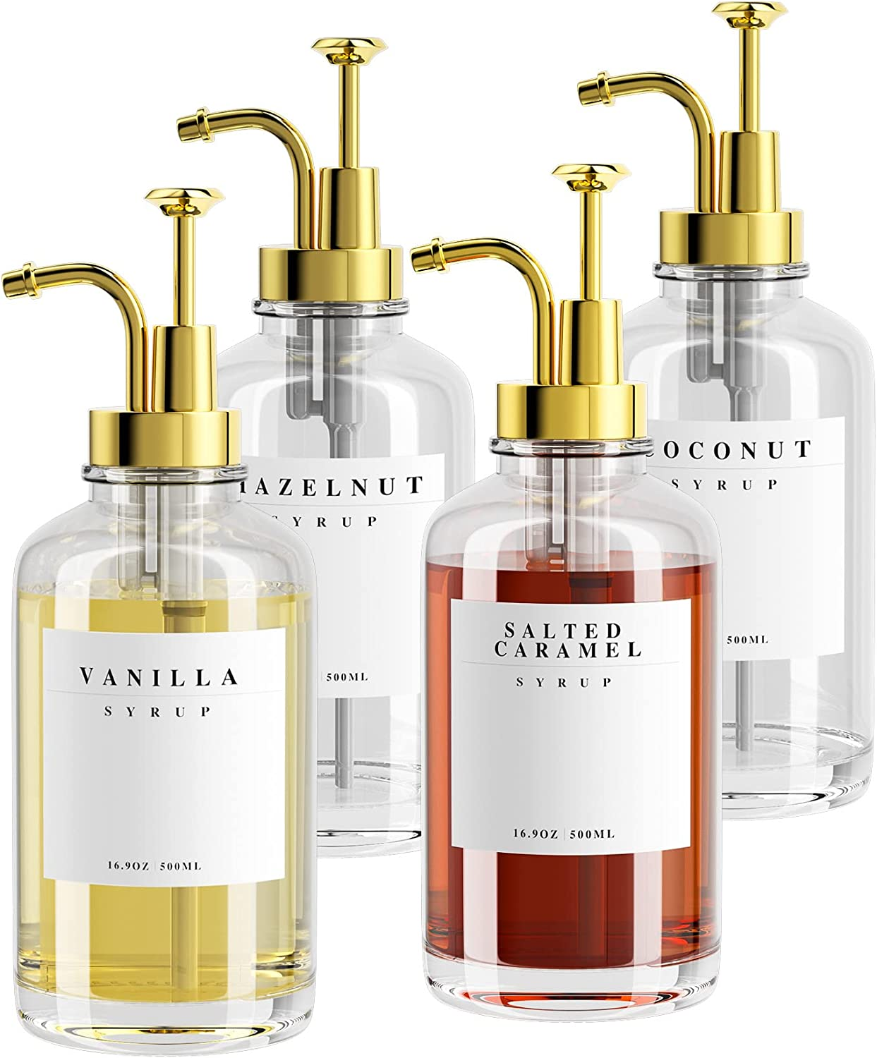 Coffee Syrup Dispenser for Bar Accessories，Coffee Pump Dispenser, Glass Syrup Bottle with Gold Pumps and 20 Labels, 16.9 Oz 500 Ml, Set of 2