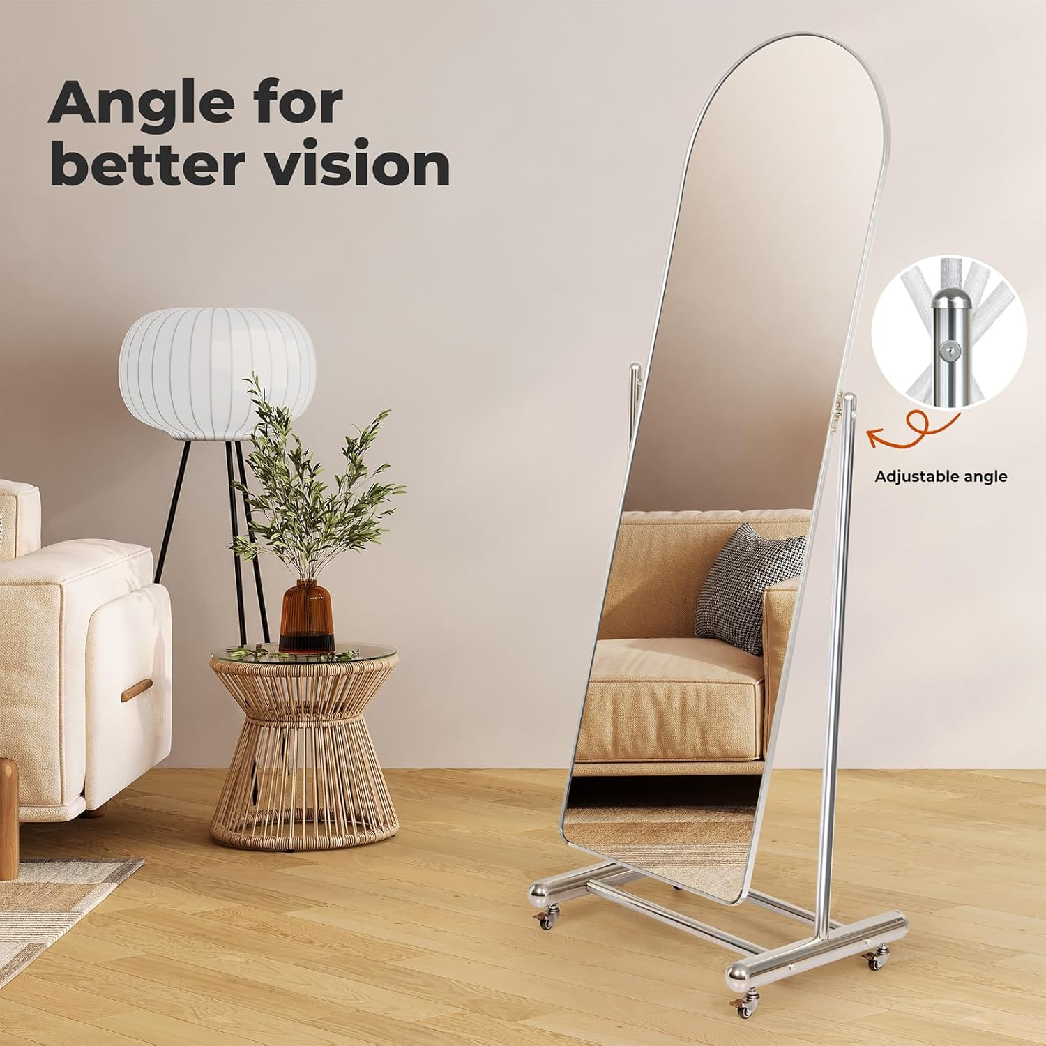 Yezi 165X46Cm Full Length Arched Floor Mirror with Rolling Stand, Freestanding Full Body Dressing Mirror, Modern Metal Frame, Mobile Design with Lockable Wheels for Bedroom or Living Room Cloakroom image number 6