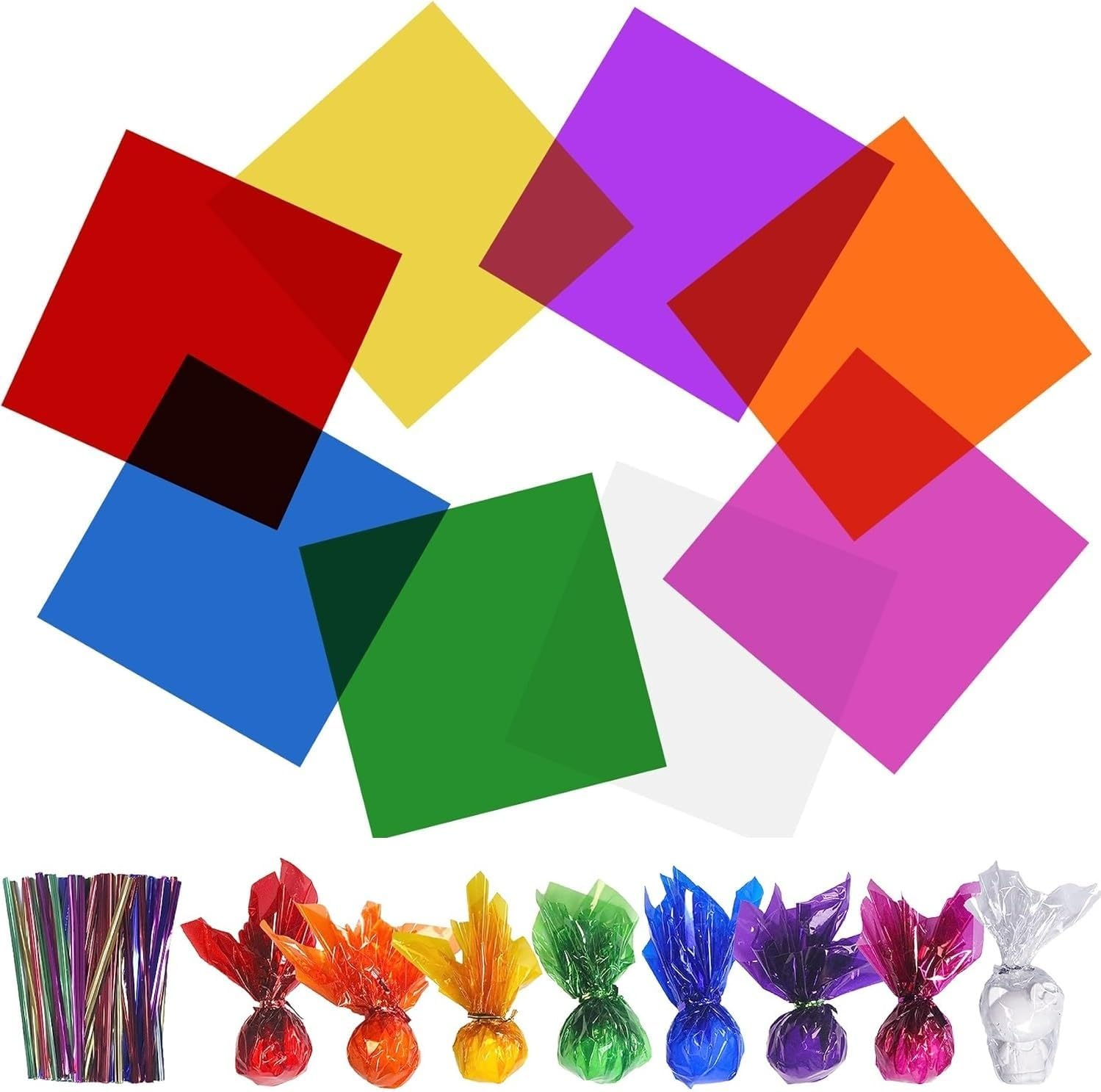 160 Pcs Cellophane Sheets 7.5X7.5 Inch 8 Multi-Colors Cellophane Wrap with Twist Ties for DIY Arts Crafts Decorations (19X19Cm) image number 4