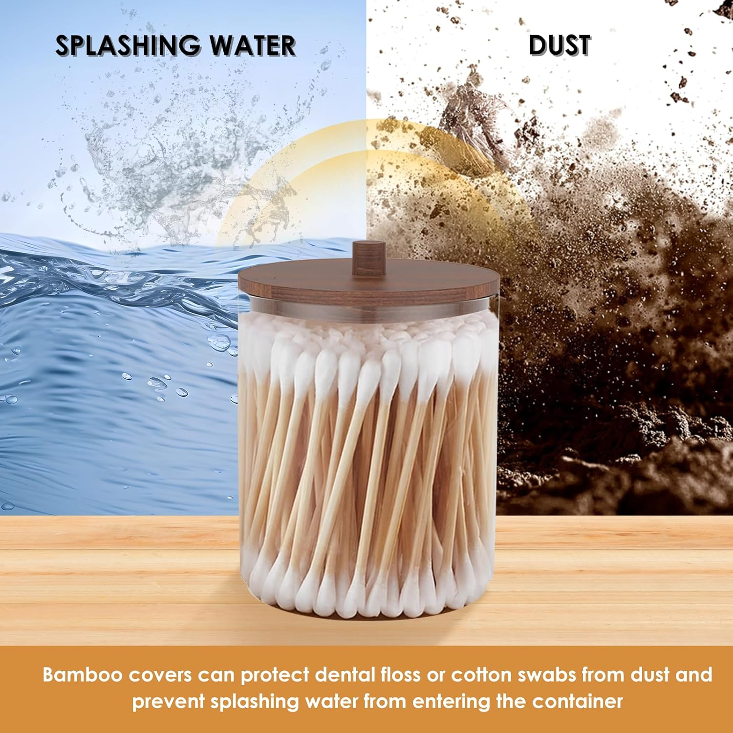 ZFLYCANP Holder Dispenser for Cotton Ball Small Clear Plastic Canister Apothecary Jar Set Cotton Swab Cotton round Pads Apothecary Jar Organizer for Storage Wood Lids image number 5