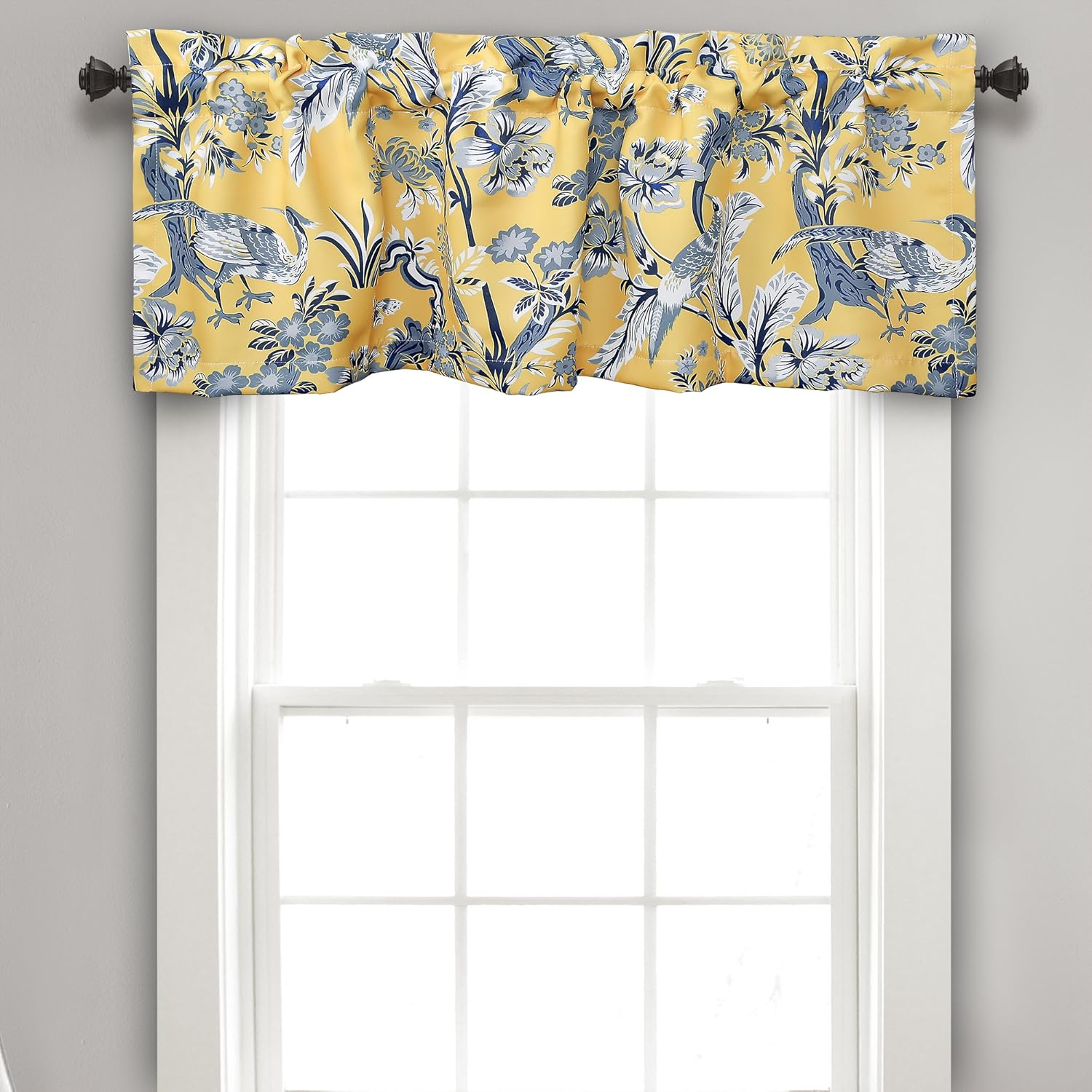 Lush Decor Dolores Valance Bird Floral Print Single Curtain, 18" X 52", Yellow