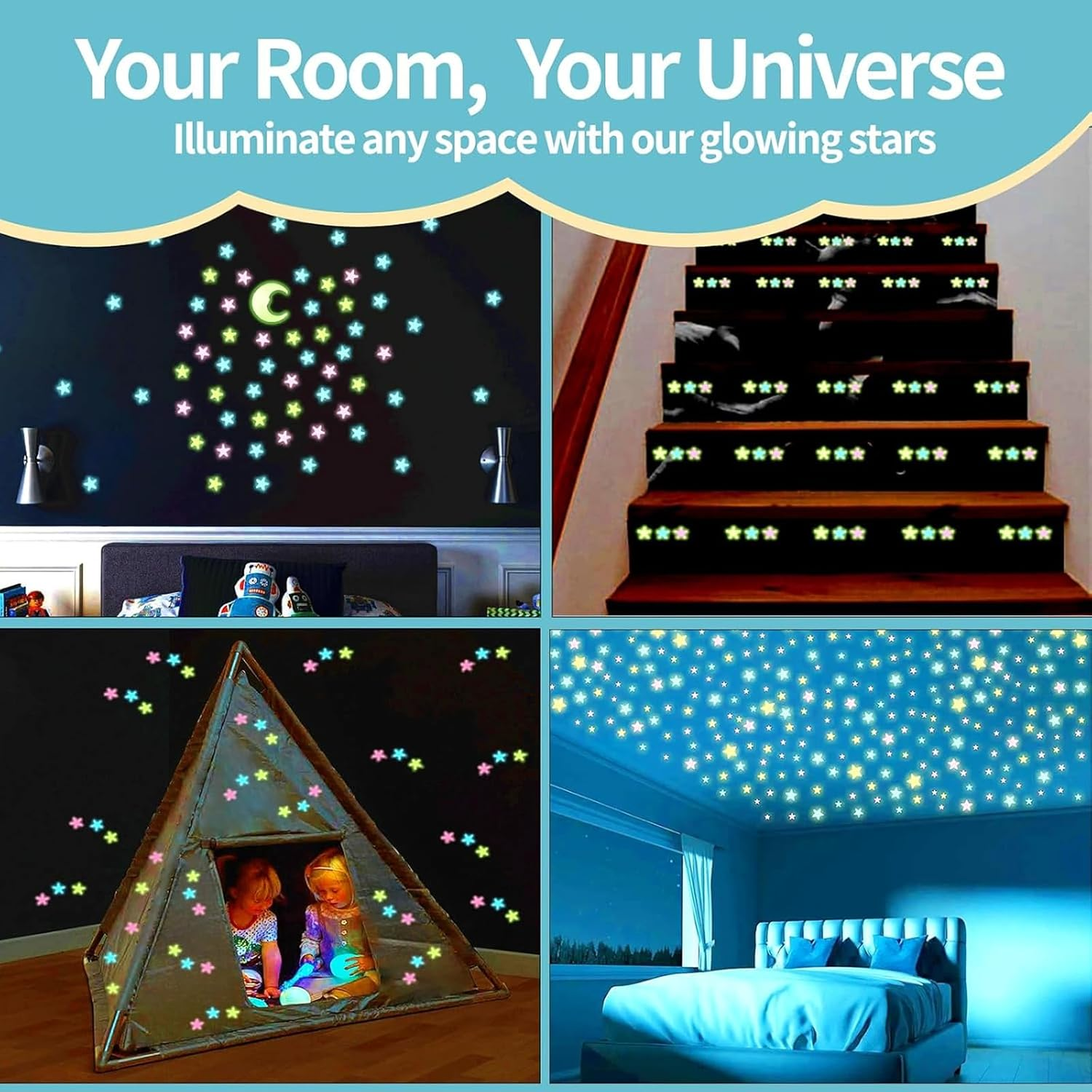 Glow in the Dark Stars and Moon Stickers for Ceiling - 200Pcs 3D Luminous Adhesive Stars Create Realistic Starry Sky - Room Decor for Kids Bedroom, Wall Stickers image number 4