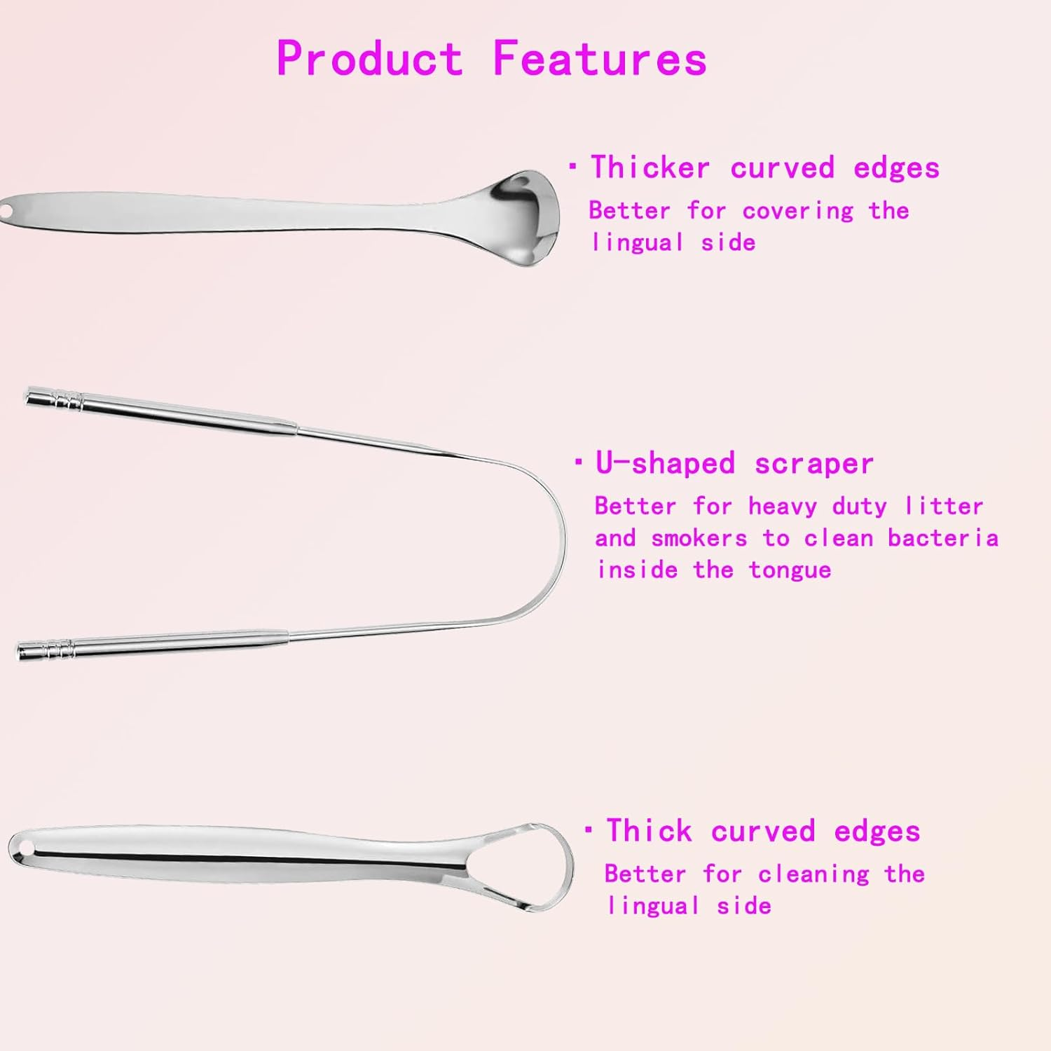 3 Pcs Stainless Steel Tongue Scraper, Metal Tongue Cleaning Tools for Oral Hygiene, Fresh Breath and Bad Breath Treatment, Reusable Tongue Care for Adults and Kids, with Storage Box - Silver image number 6