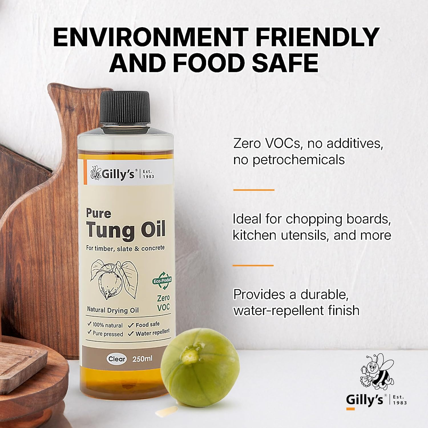 Gilly&rsquo;S Pure Tung Oil 250Ml | Seals & Protects, Food Safe for Non-Toxic Application, Indoor/Outdoor Furniture, Timber, Woodworking & Kitchen Surfaces | Natural, No Additives or Petrochemicals image number 2