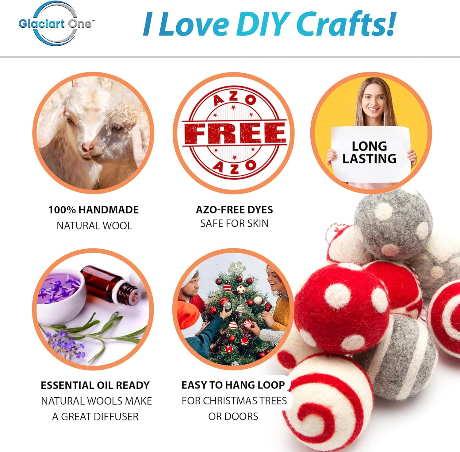 Glaciart One Felt Balls Christmas Ornaments (9 Pieces) 2 Inch (5 Cm), 100% New Zealand Wool, 3 Colors Hand-Felted in Nepal - Christmas Party Banner Decoration - Scandinavian Wool Snowflake