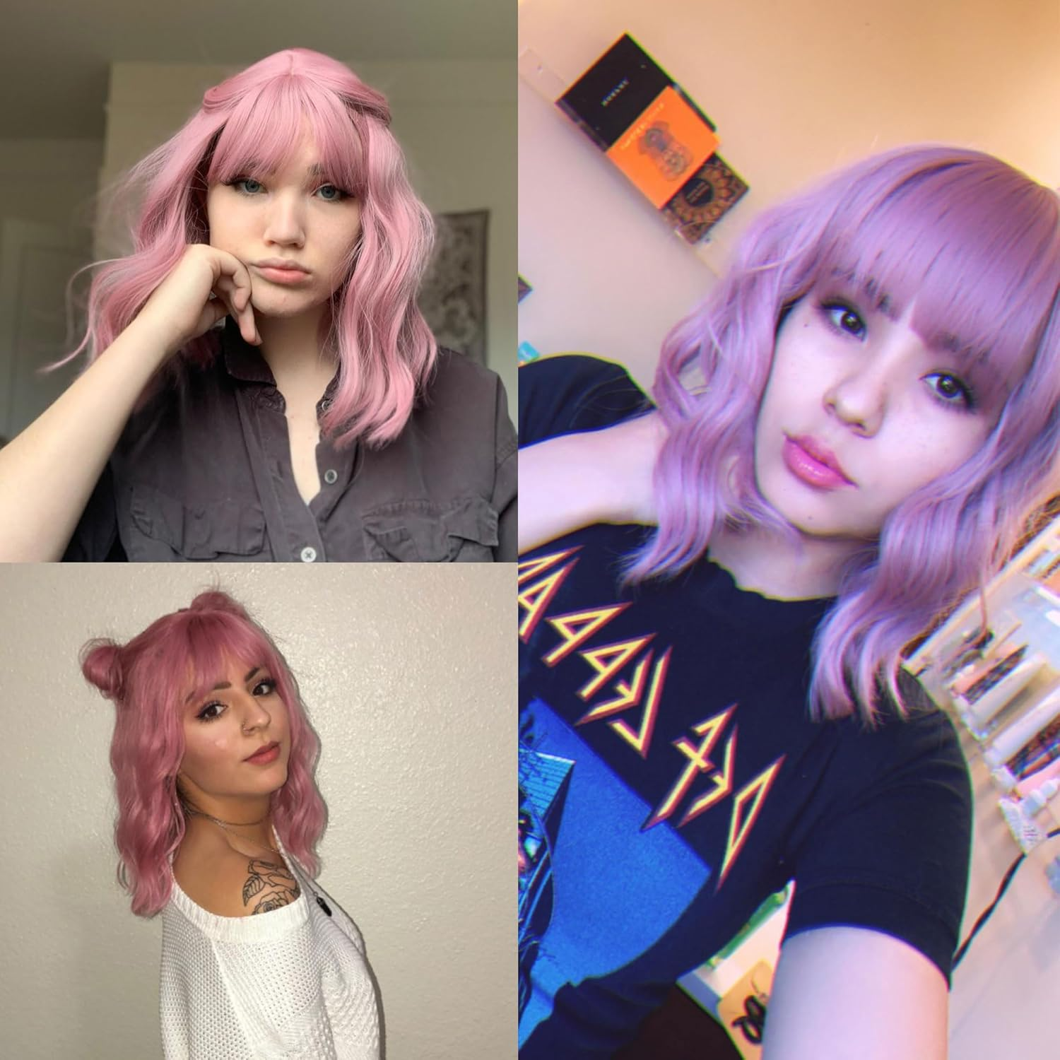 VCKOVCKO Pastel Wavy Wig with Fringe Short Bob Purple Pink Wig Curly Wavy Shoulder Length Pastel Bob Synthetic Cosplay Wig for Girls Colourful Costume Wigs (12 Inches, Purple Pink) - Black To Burgundy image number 3