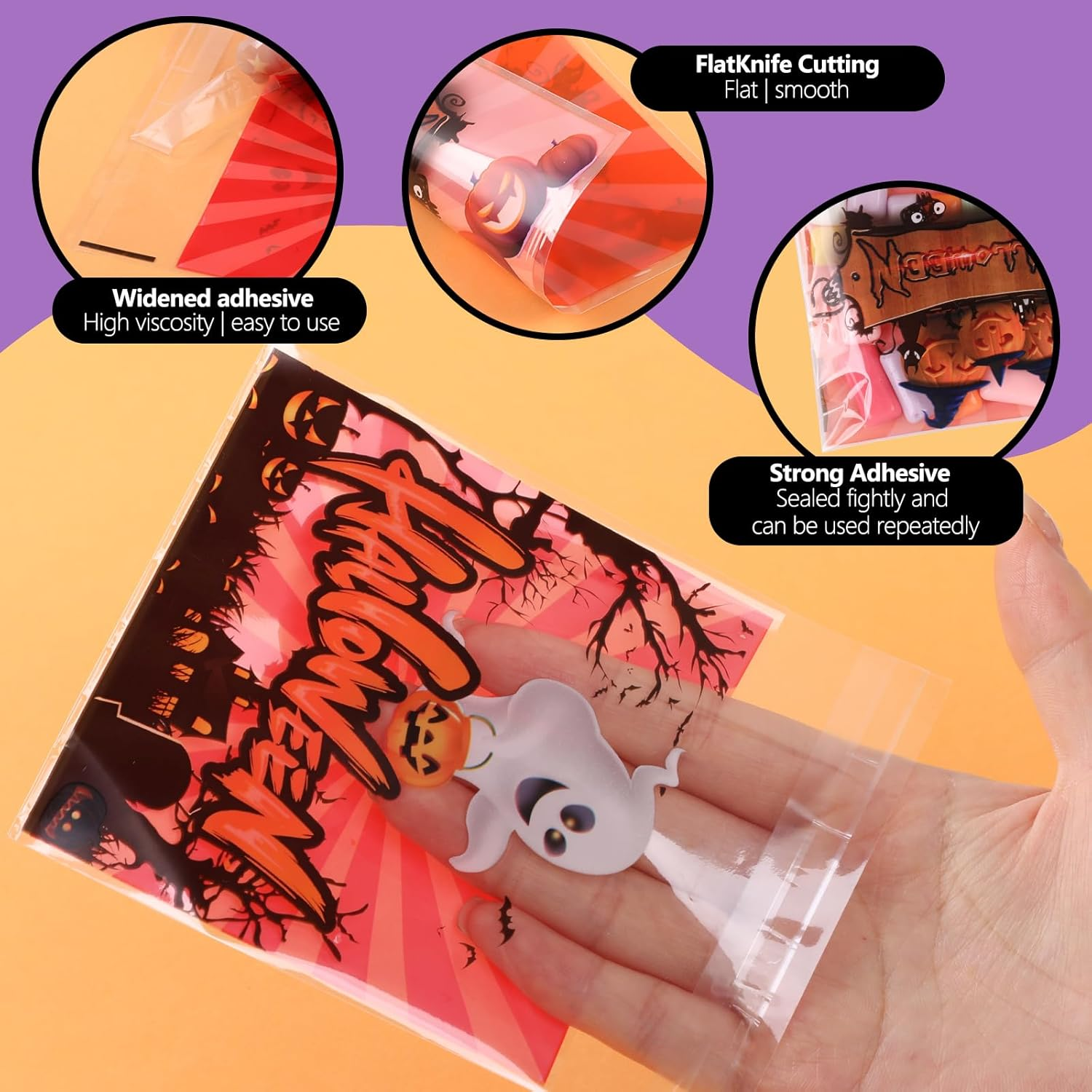 Bigqin 200Pcs Halloween Small Goodie Candy Bags, Self-Adhesive Small Transparent Gift Bags for Filling Cookies Candy Nuts (10X10Cm/3.94X3.9Inch) (Halloween Trick or Treat) - Christmas A image number 3