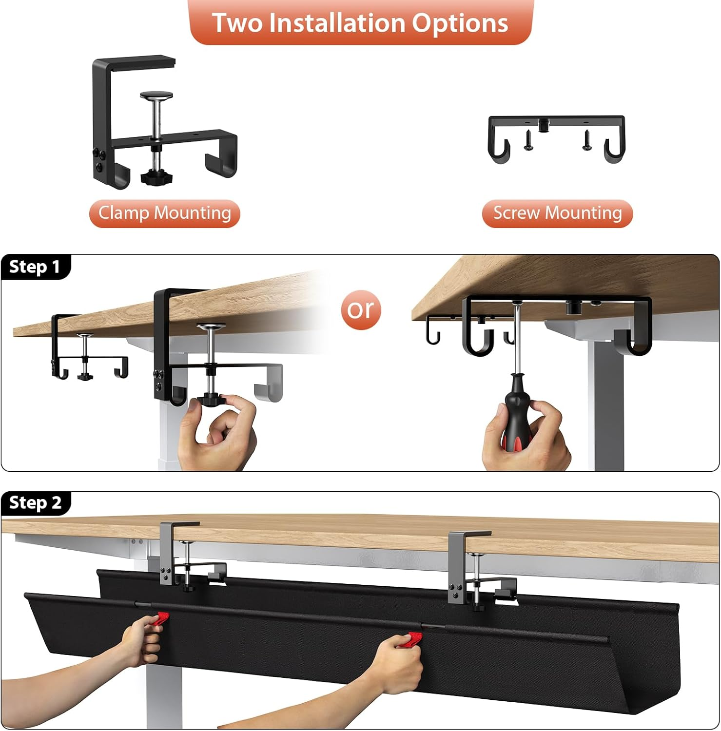 Univivi No Drill under Desk Cable Management Tray, 48" Cord Organizer for Table, Clamp/Screw Mount Desk Cable Management, Premium Fabric Cable Management Tray for Office, Home (Extra Large) image number 1