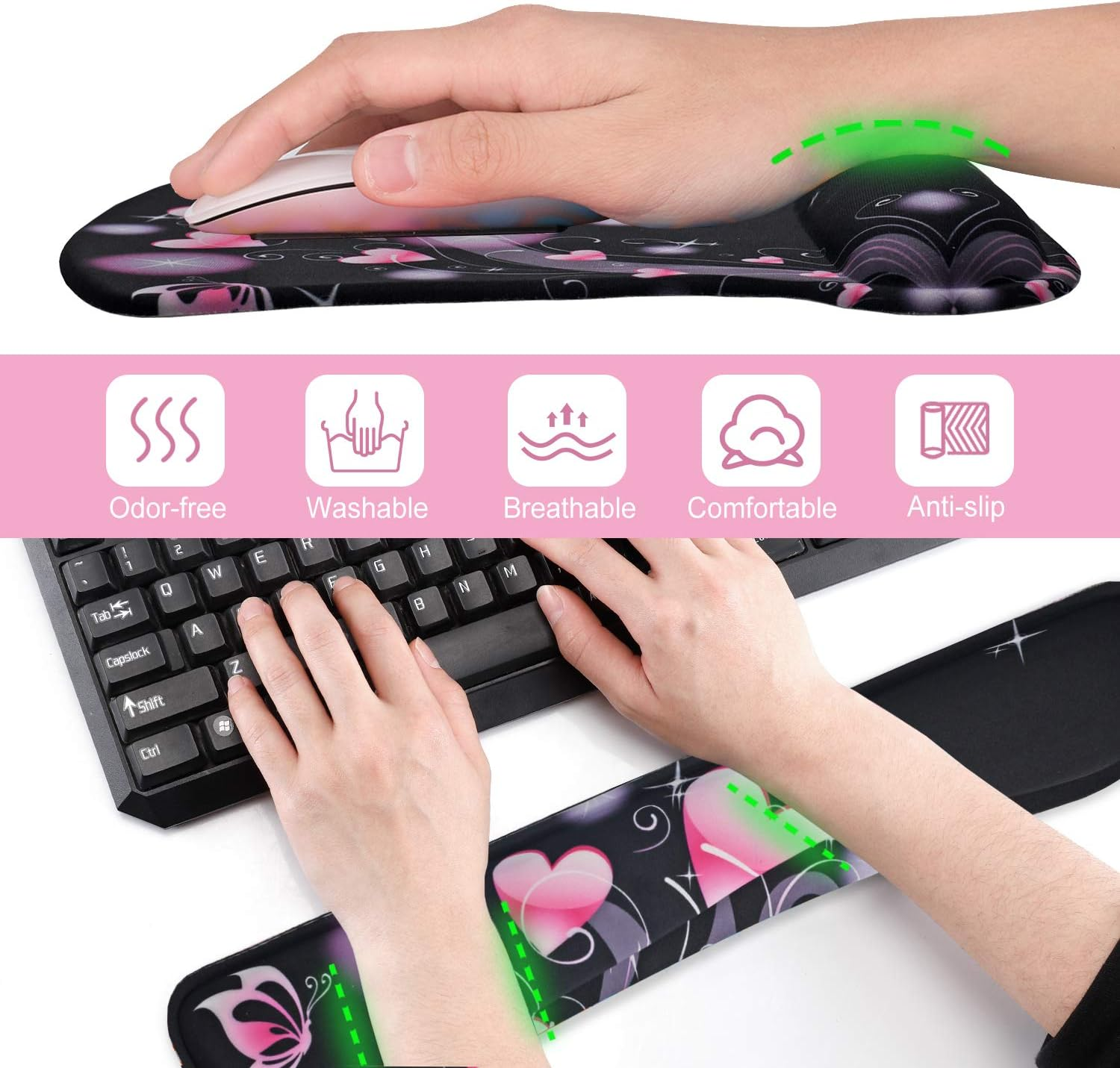 Keyboard Wrist Rest Pad Ergonomic Mouse Pad Set, Tolulu Cute Mouse Pad for Computer Laptop, Non Slip Mousepad Keyboard Wrist Support with Raised Memory Foam for Easy Typing & Pain Relief, Pink Hearts image number 3