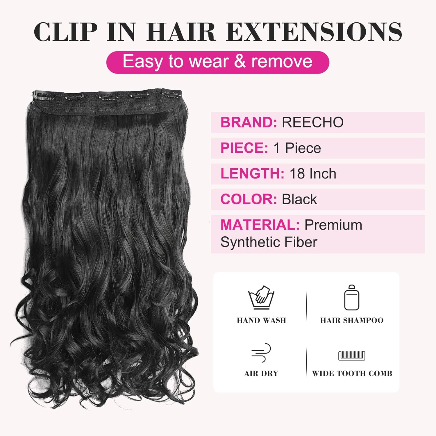 REECHO 18" 1-Pack 3/4 Full Head Curly Wavy Clips in on Synthetic Hair Extensions HE008 Hairpieces for Women 5 Clips 4.0 Oz per Piece - Natural Black
