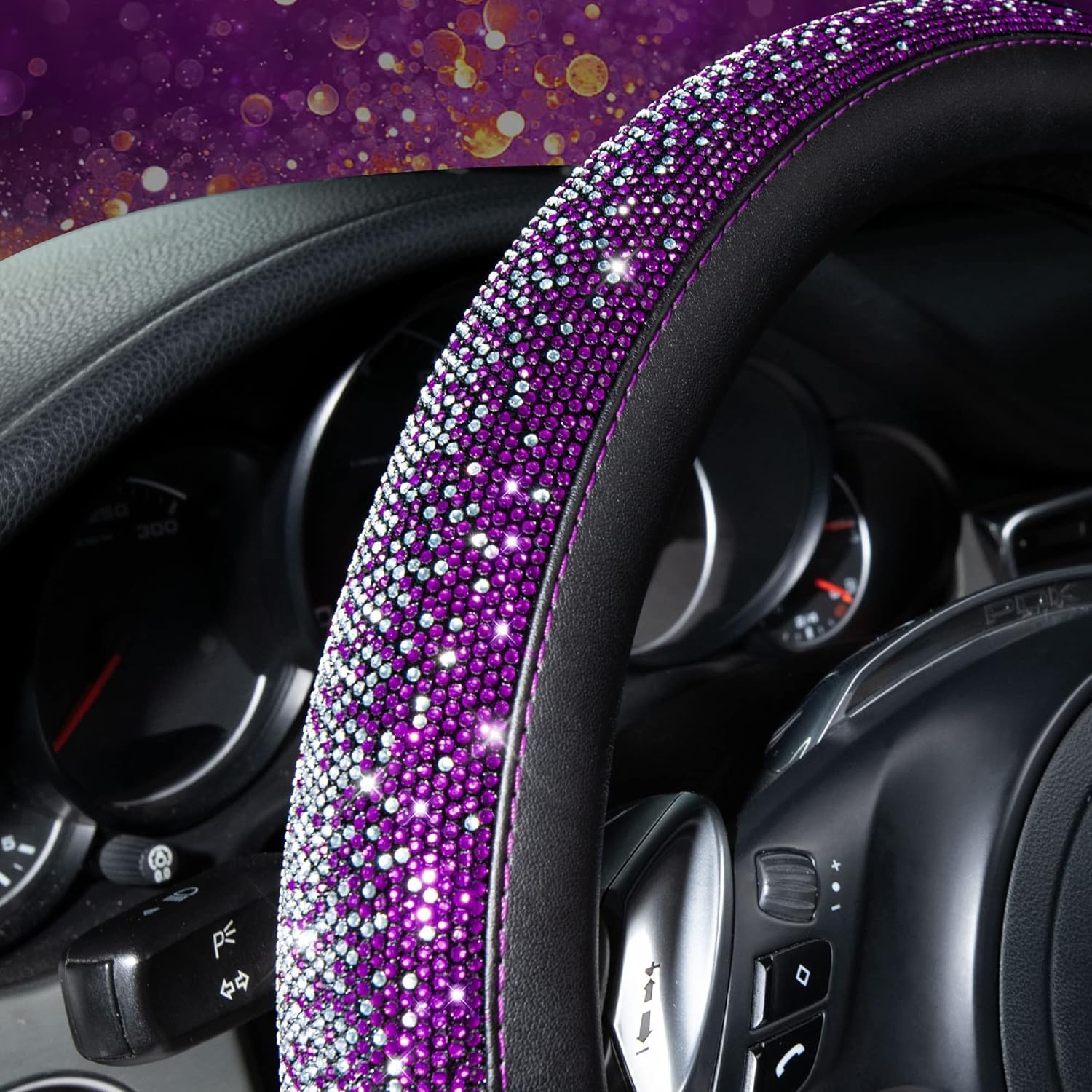 Flying Banner Diamond PU Leather Steering Wheel Cover, with Bling Crystal Rhinestones Universal Fit 14" 1/2-15" Crystal Glitter Fit Suvs,Vans,Sedans,Cars,Trucks (Violet Silver) - Blue image number 5