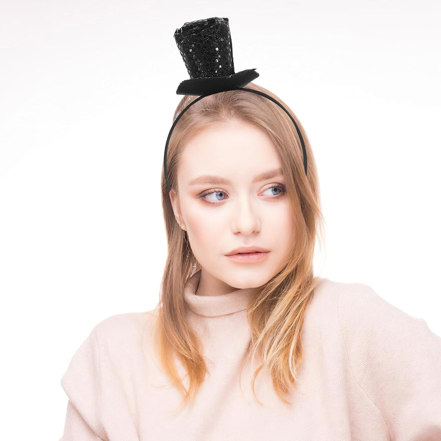 UKCOCO Sequin Headband with Bow Mini Cylinder Style Black Glitter Hair Band for Women Ideal for Tea Party, Halloween, Cosplay, 20S Party and Photo Accessory image number 6