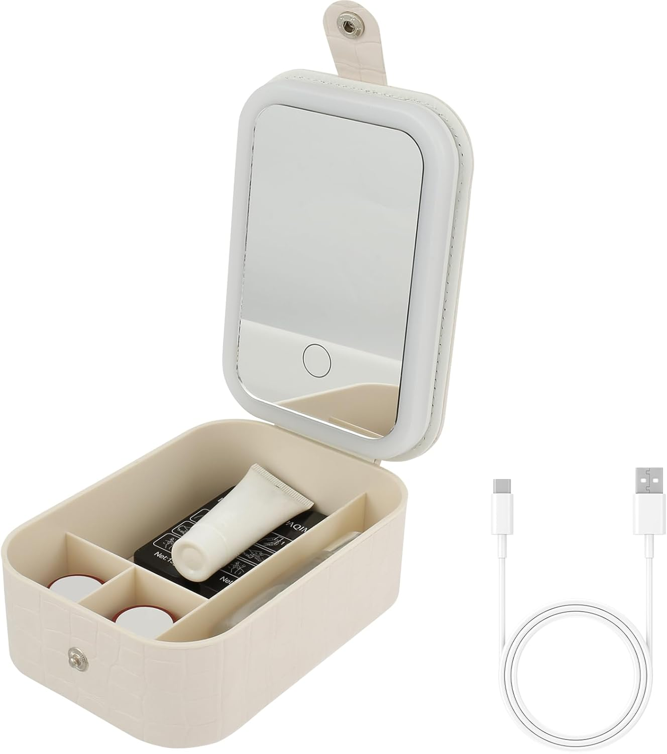 Travel Makeup Bag with LED Light up Mirror, 3 Color LED Adjustable Brightness Travel Cosmetic Bags, 4 Removable Shockproof EVA Partitions Waterproof Makeup Organizer Bag with Lighted Mirror (White) image number 2