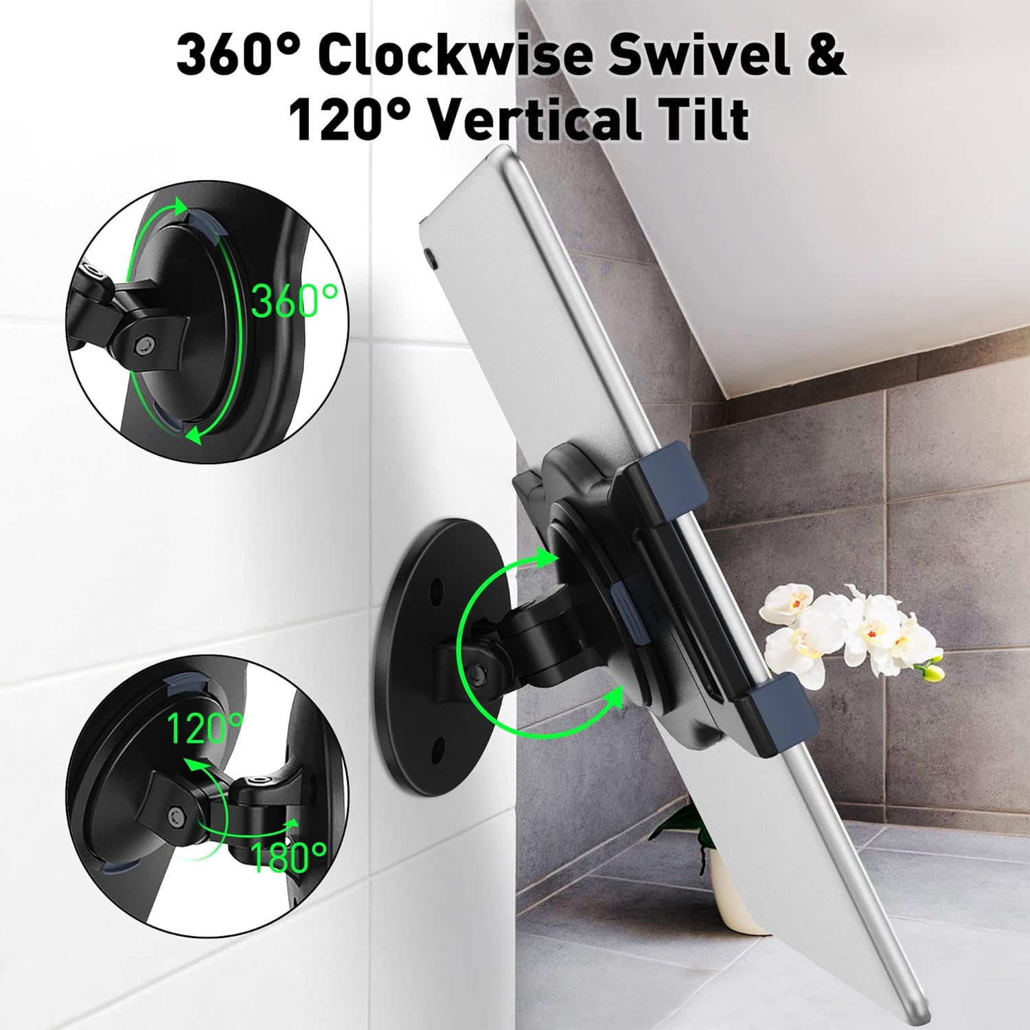 Abovetek Ipad Wall Mount, Swivel 360&deg; Rotating Tablet Holder Two Brackets to Fit 6-13" Tablets, Horizontal/Vertical Tilt Ipad Arm for Flexible Viewing Angles in Kitchen Showroom Retail Store (Black) image number 6