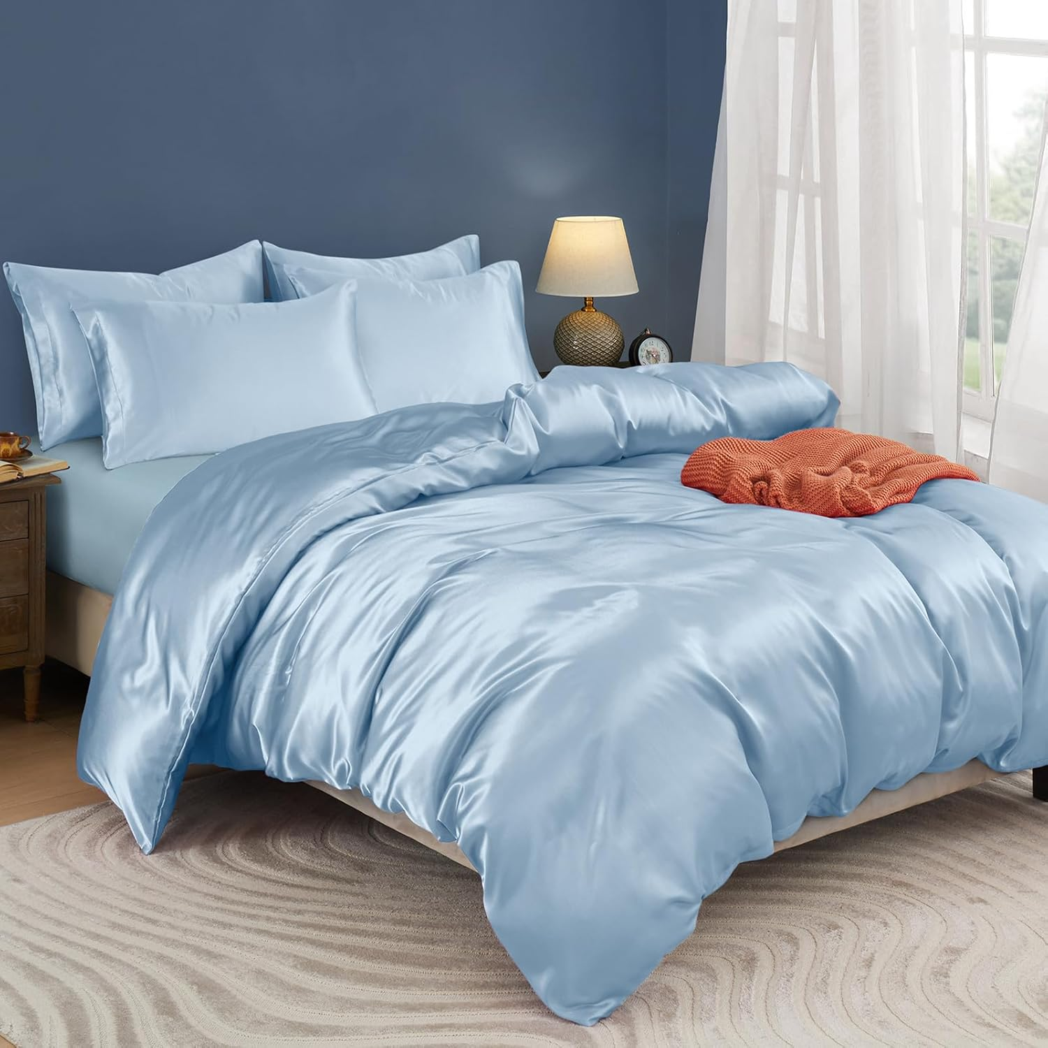 Horbaunal 5 Pieces Satin Duvet Cover Set Queen/Full Size Blush Pink Duvet Cover with Corner Ties & Zipper Closure, Luxury & Silky Bedding Set, 1 Duvet Cover and 4 Pillowcases (No Comforter)