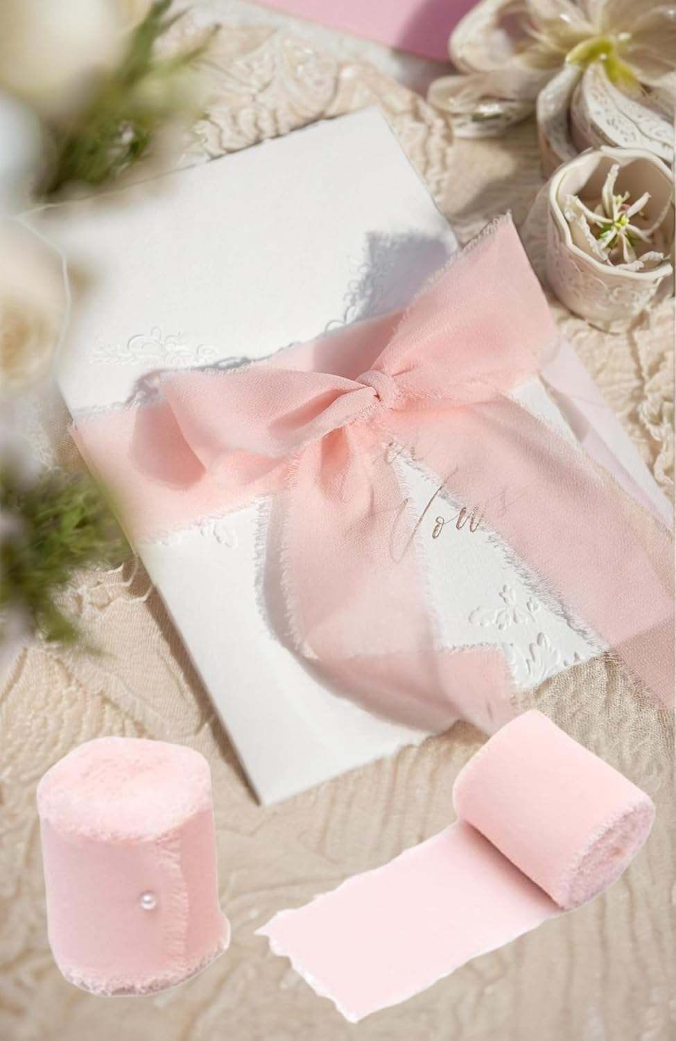 Honwor Handmade Fringe Ribbon Bundle - 2 Rolls, 4Cm X 5M Pink Chiffon & Rose Pink Cotton, for Elegant Wedding Decor, Gifts & DIY Crafts image number 5