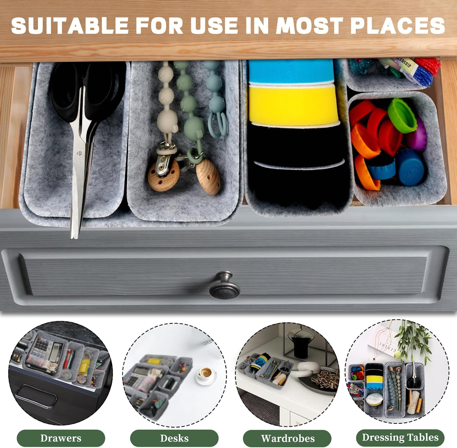 CTYUEYUN Felt Drawer Organiser, Pack of 8, Stackable Felt Organiser Drawer, Dressing Table Organiser for Drawer, Desk Organiser, Drawers for Desk, Bedroom, Bathroom, Kitchen (Light Grey) image number 4