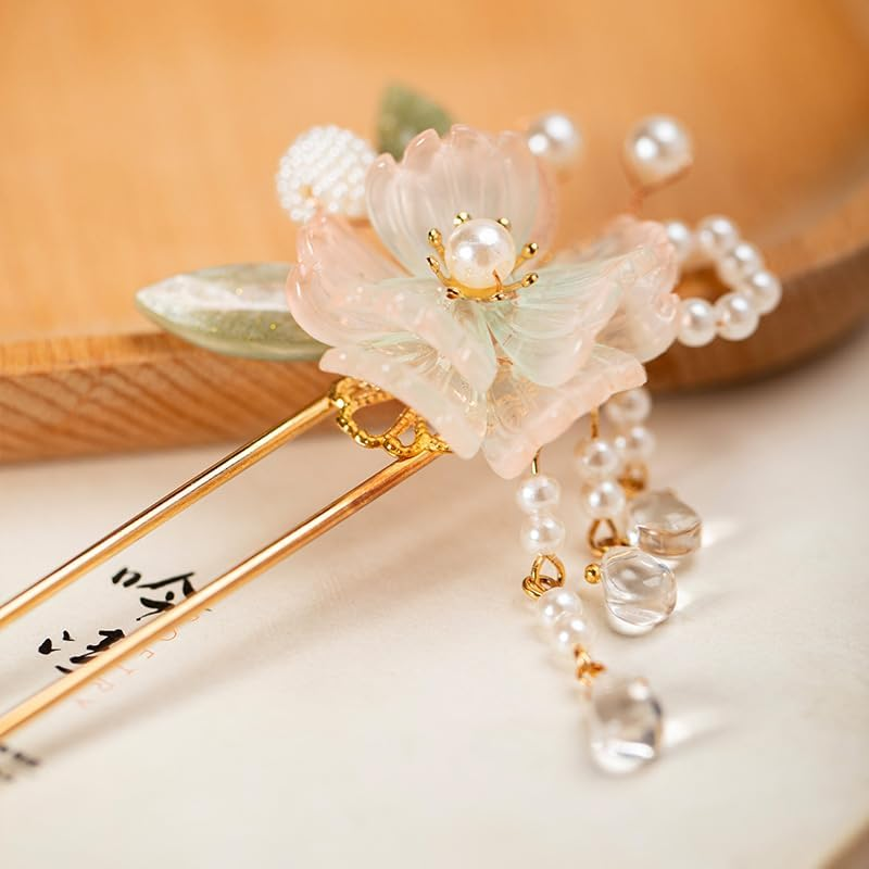 Rabithenn Rainbow Pink Chrysanthemum Pearl Tassels Chinese Hanfu Metal Handmade Hair Clip Hair Accessories for Women Girls Long Hair (Rainbow Flower) - Rainbow Flower image number 2