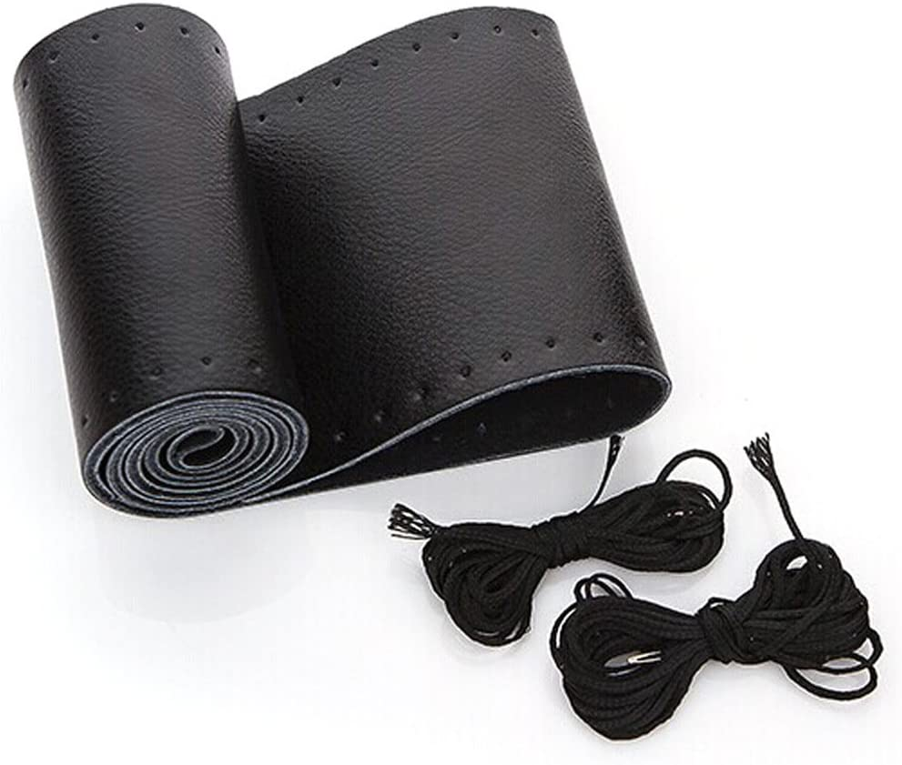 AULLY PARK Universal Car Steering Wheel Cover Genuine Leather Stitch on Wrap (Size M, Black) image number 5