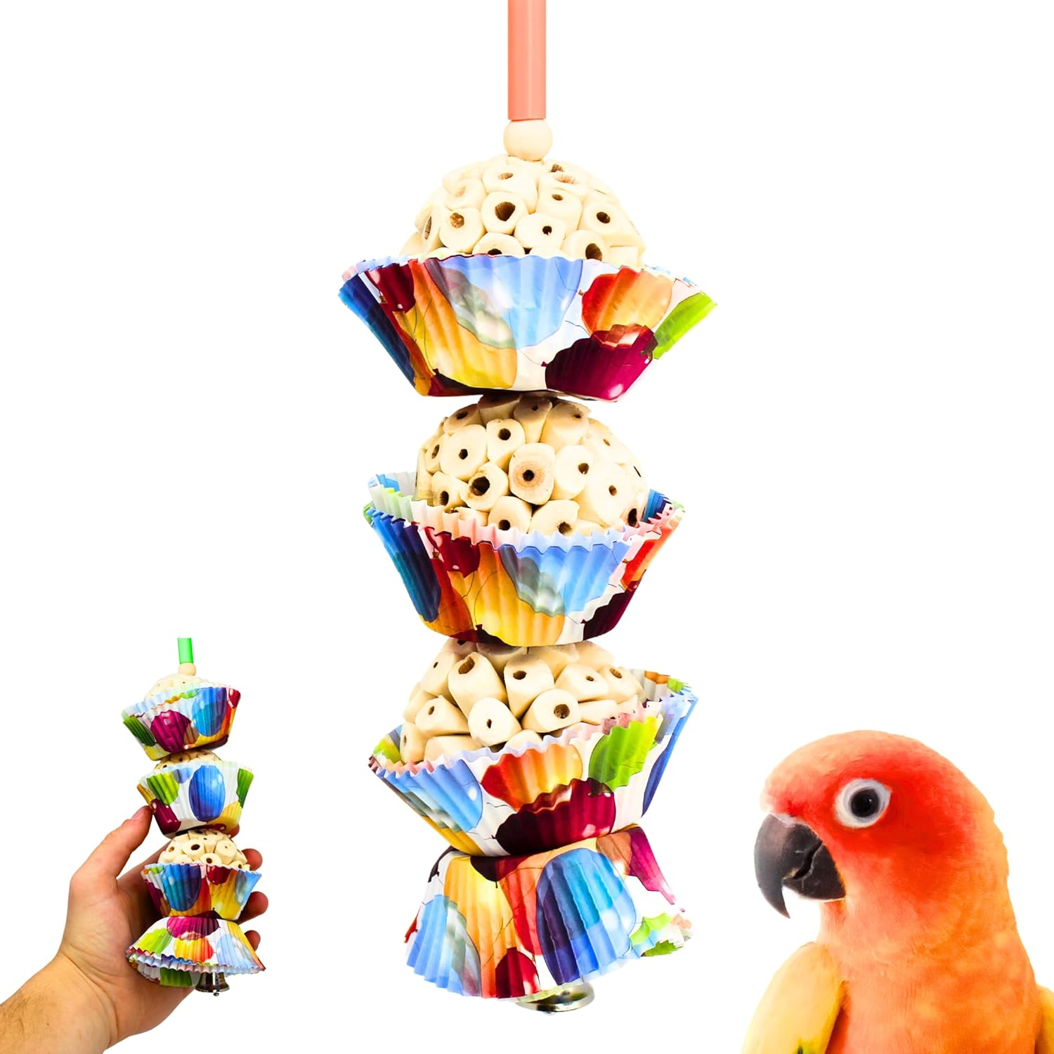 Bonka Bird Toys 1931 Three Cake, 11.75" Hanging Bird Toy with Sola Balls, Cupcake Cups, Wooden Beads, Bell, and Straw, Chewable and Shreddable. image number 1