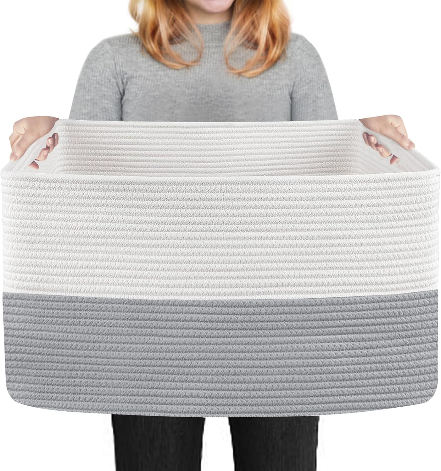 HONCESTA Extra Large Black Basket, 22" X 17" X 12" Rectangle Woven Storage Container, Soft Cotton Rope Kids Room Toy Box Bins, Big Wicker Organizer for Blankets, Pillows, Laundry