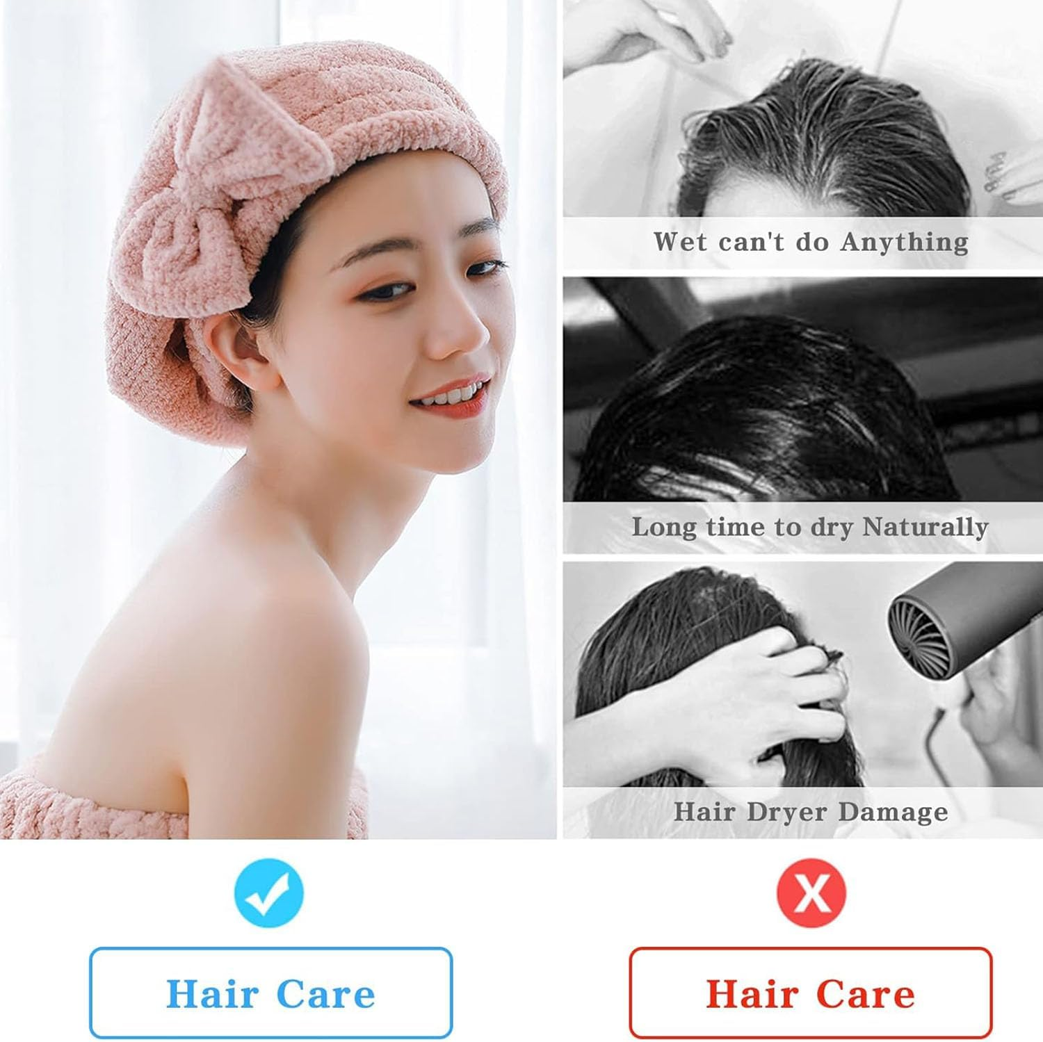 4 Pack 4 Color Hair Drying Cap, Quick Dry Head Wrap with Bow-Knot Shower Cap, Drying Towel for Curly, Straight, Long, Thick or Wet Hair image number 1