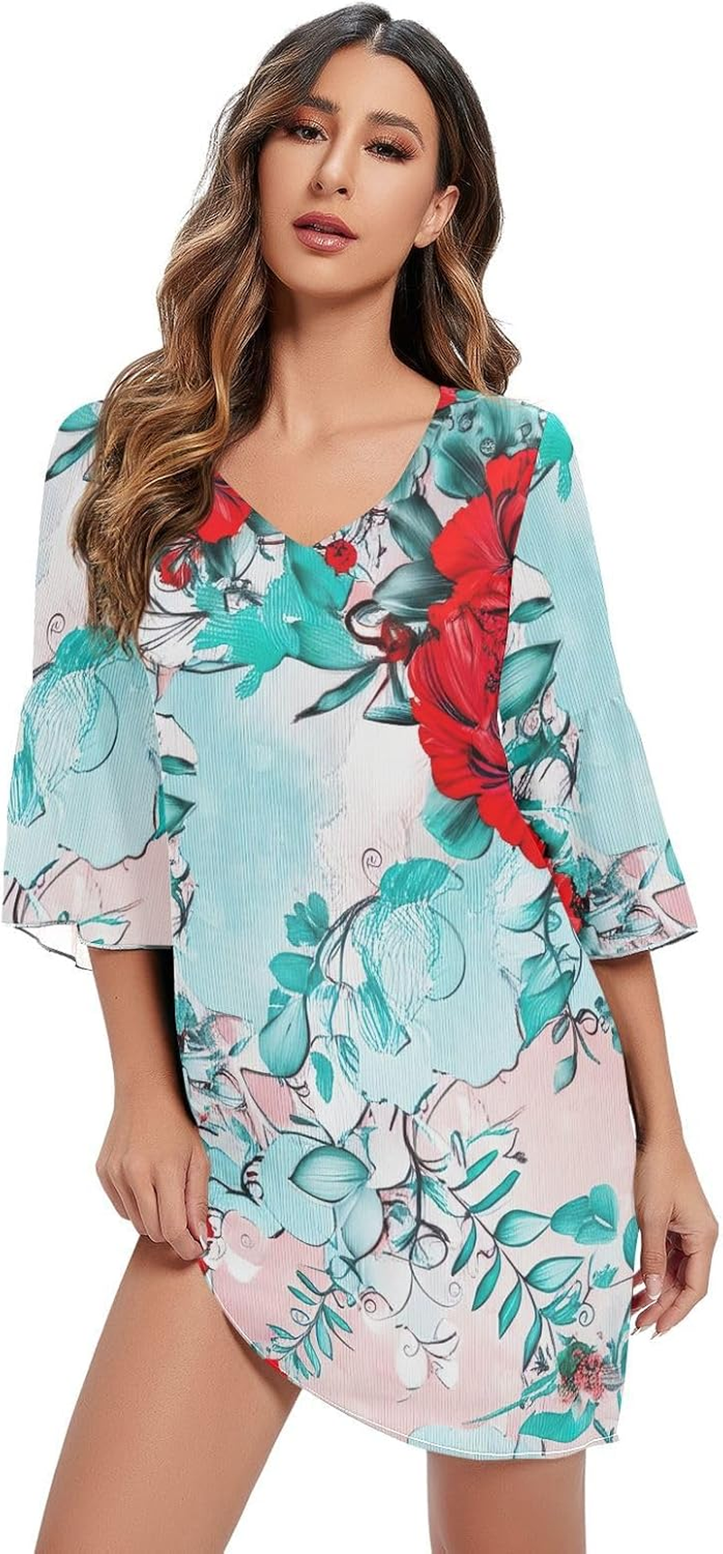 Floral Red Flowers Casual Chiffon Dress Printed Line Maternity Dress S-XXL image number 5