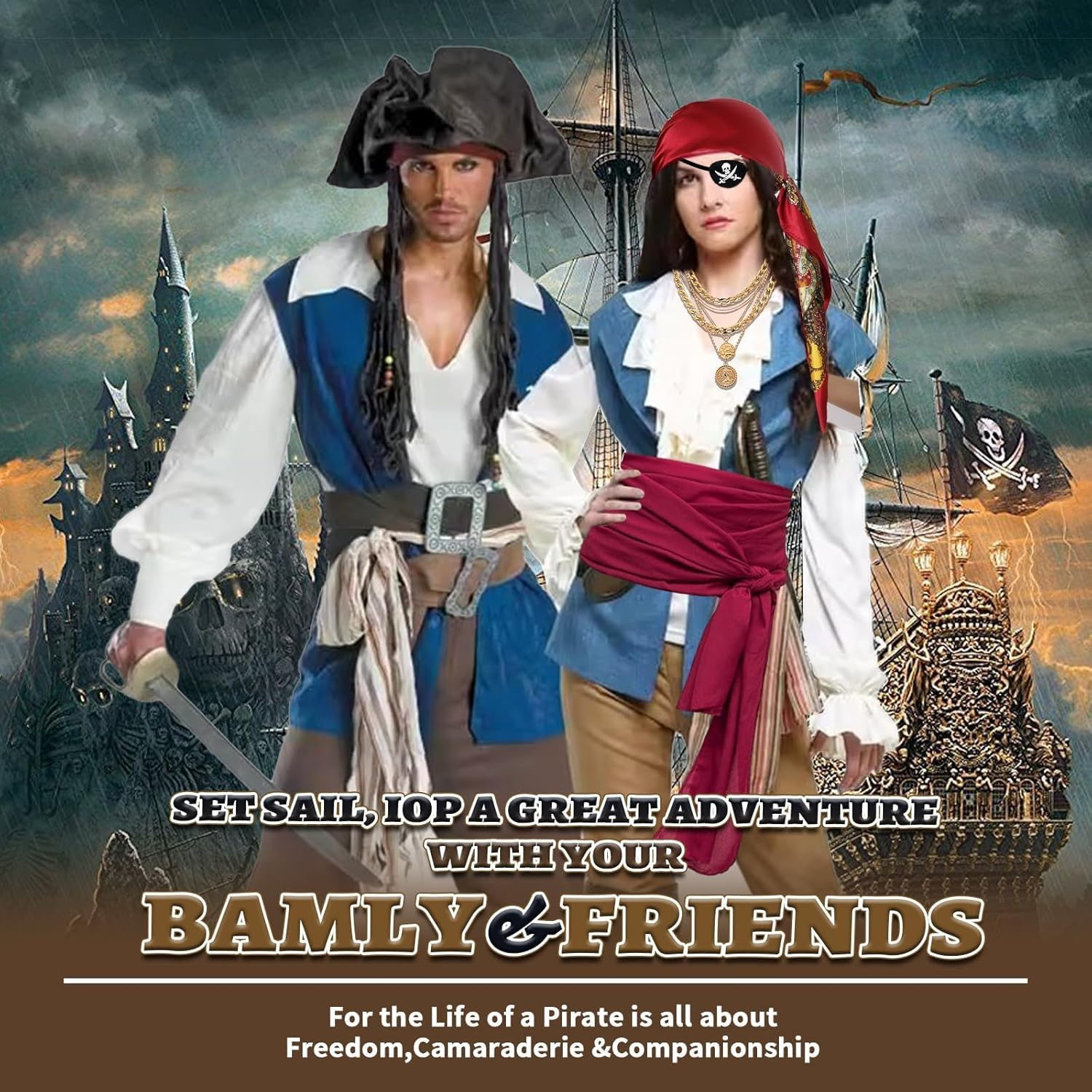 Women&rsquo;S Pirate Costume Accessories Set &ndash; 6Pcs Halloween Pirate Role Play Kit with Red Bandana Sash Belt Eye Patch Gold Earrings Necklace & Bracelet for Cosplay Masquerade Party Stage Performance image number 6