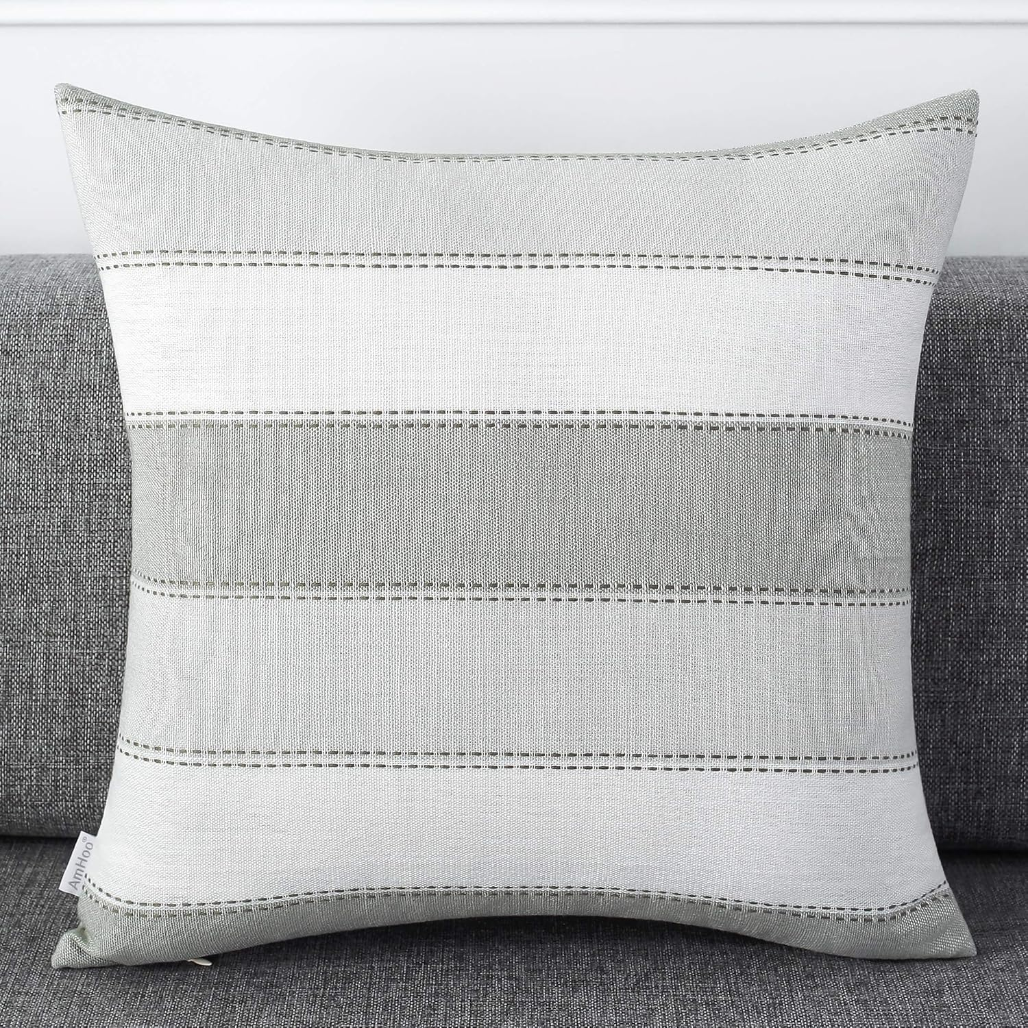 Amhoo Pack of 2 Farmhouse Stripe Check Throw Pillow Covers Set Case Cotton Linen Decorative Pillowcases Cushion Cover for Couch Bench Sofa 18X18Inch Light Grey Beige image number 5