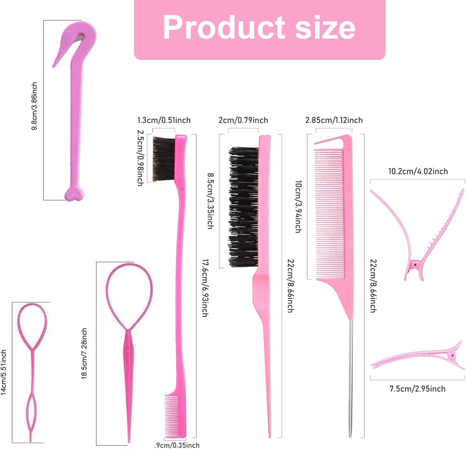 15-Piece Braiding Kit & Hair Supplies: Nylon 3-Row Salon Teasing Brushes, Double-Sided Edge Smooth Combs, Rat Tail Combs & Duckbill Clips for Women (Pink) image number 4