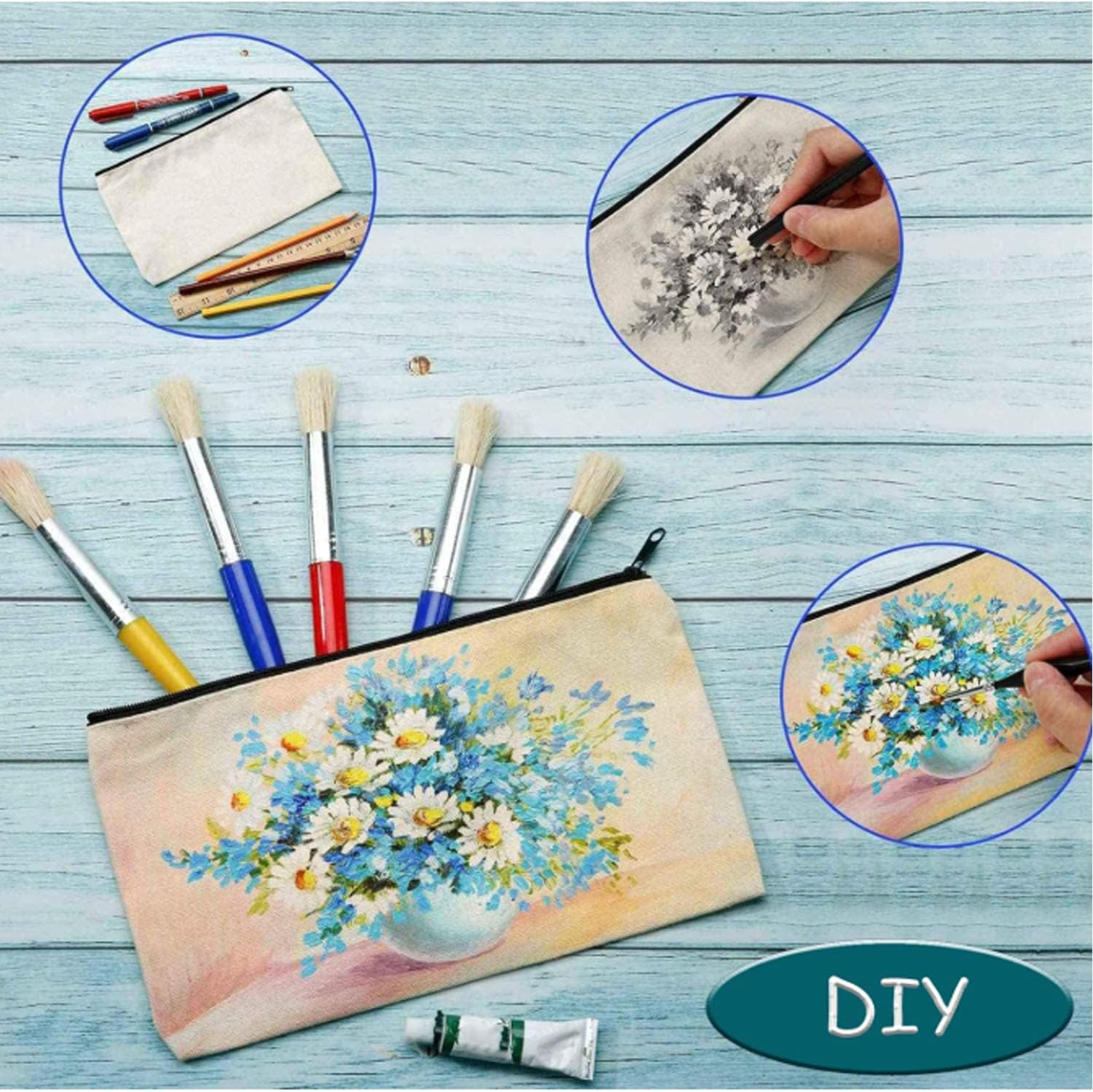 24 Canvas Zipper Bags, Blank DIY Craft Pen Bag, Graffiti Stationery Bags, Makeup, Storage Pencil Case, Multi-Purpose Cosmetic for Storing Personal Items for Work and Travel