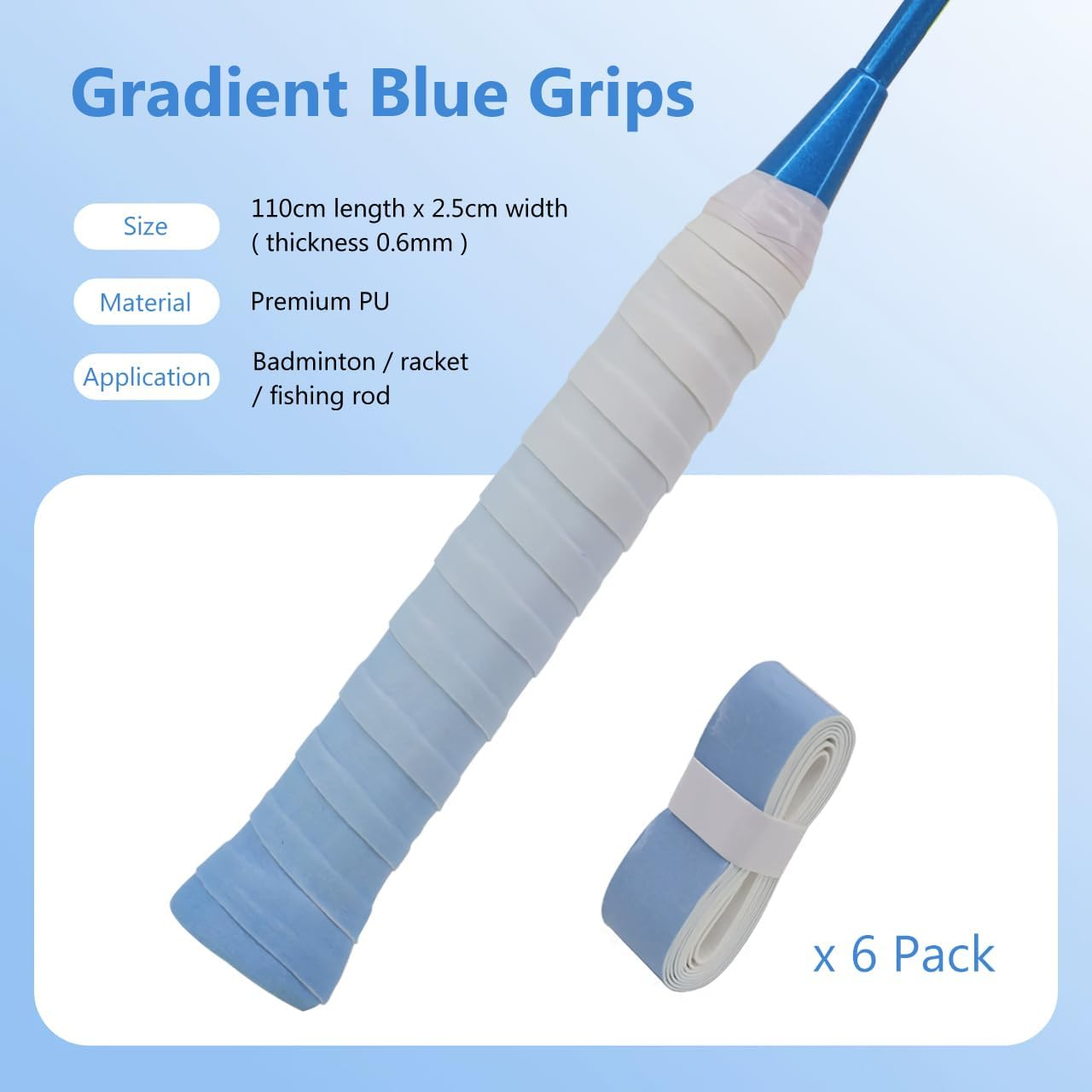 Tennis Racket Grip Tape [6 Pack], Gradient Color Non-Slip Grip Tape for Badminton Tennis Rackets, Precut/Soft Feel/Anti-Peeling/Long Lasting Racket Tape for Tennis - Blue Gradient image number 3