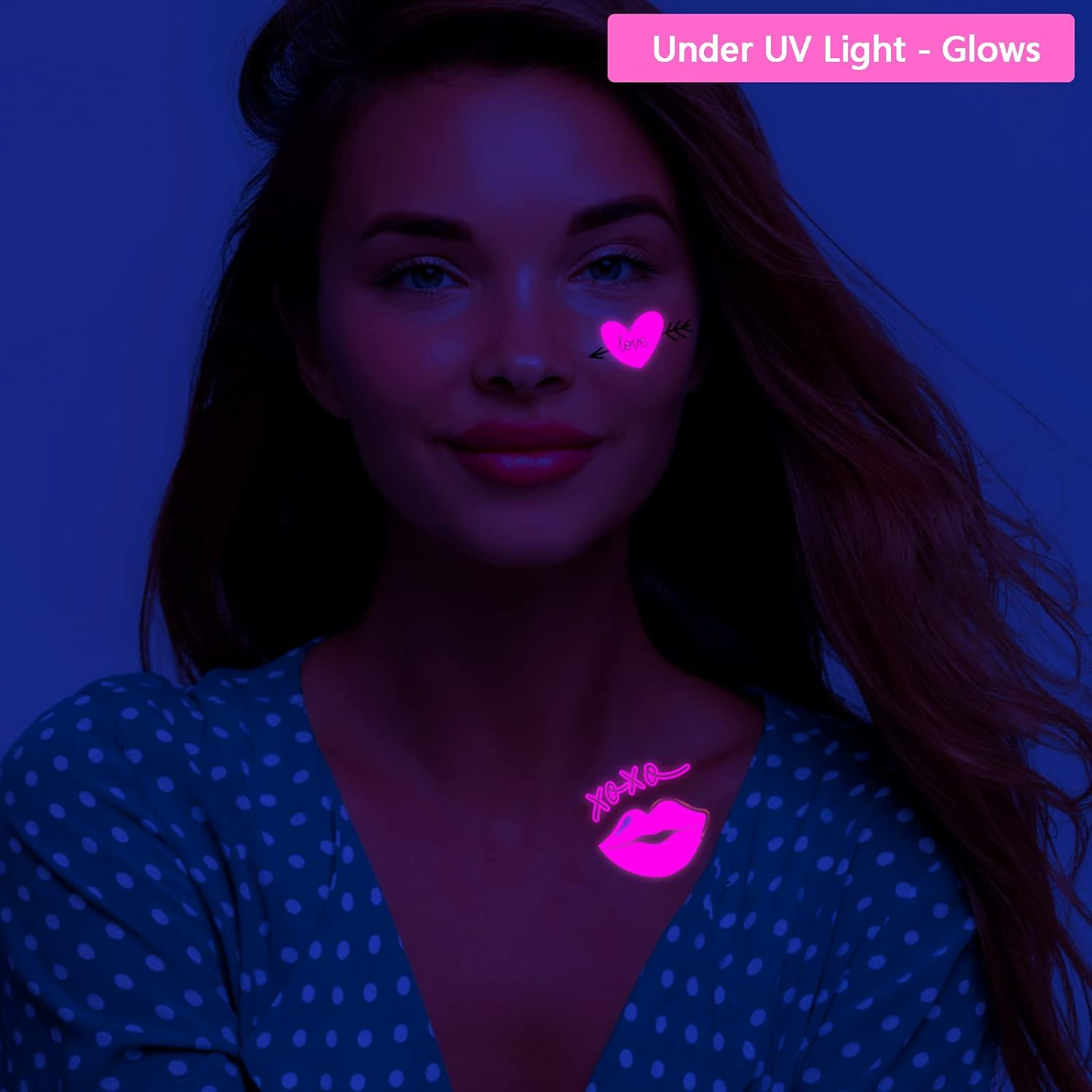 Maripabon UV Neon Temporary Tattoos 170 Pieces Pink Heart Shaped Shimmer Designs Love Glow in the Dark Tattoos Stickers Flash Fake Waterproof Tattoos for Women Men Body Face Art image number 4
