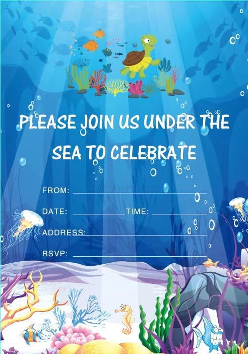 Manqianxun Ocean Sea Life Party Supplies - Magical Ocean Sea Life Invites for Boys and Girls Fill-In10 Pack Party Invitations Cards with Envelopes Birthday Wedding Babypool Party image number 2