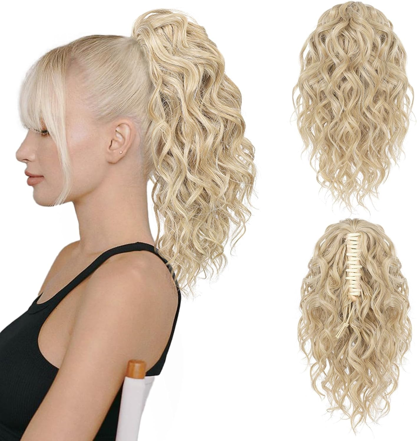 FLUFYMOOZ Ponytail Extension, 12" Short Claw Ponytail Extension Wavy Curly Jaw Clip in Pony Tails Hair Extension Natural Synthetic Hairpiece for Women (Black Brown)