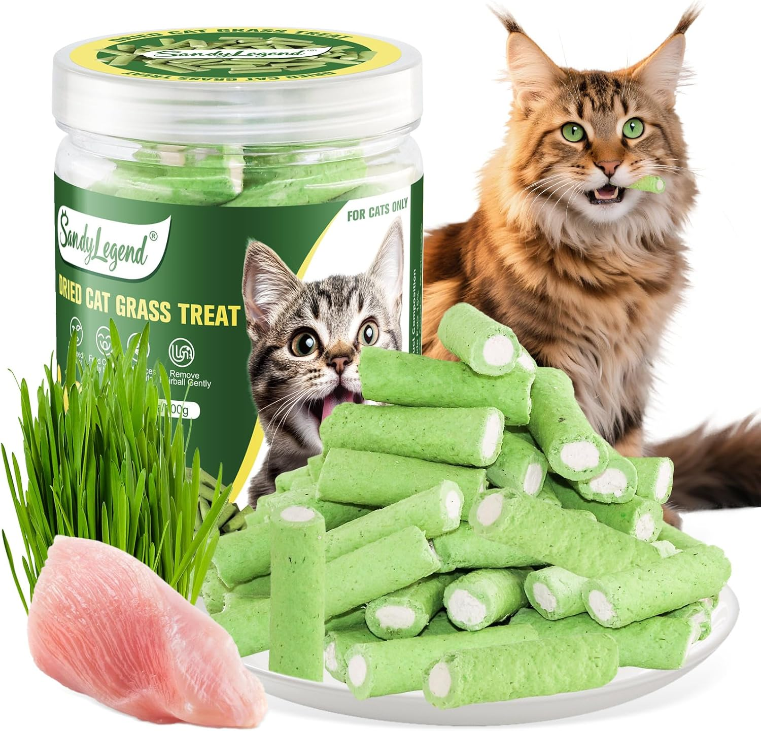 Cat Grass Teething Sticks, 100G Edible Freeze Drying Cat Grass Treats, Cats Chicken Snacks for Hairball Removal and Dental Care
