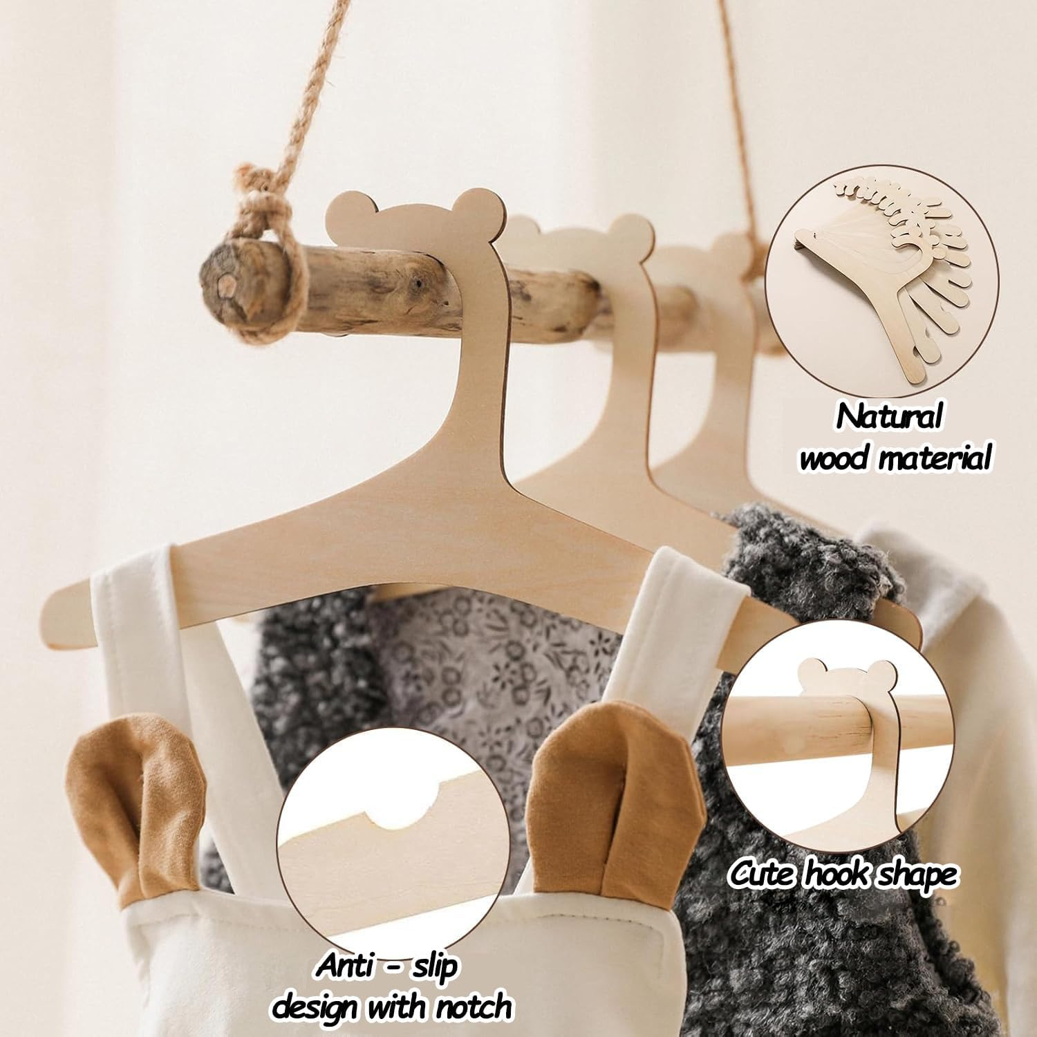 10Pcs Wooden Baby Coat Hangers, Non-Slip 9 Inches Kids Coat Hangers, Reusable Baby Hangers, Cute Bear Newborn Hanger for Children'S Dresses Coats Pants, Eco-Friendly & Durable image number 1