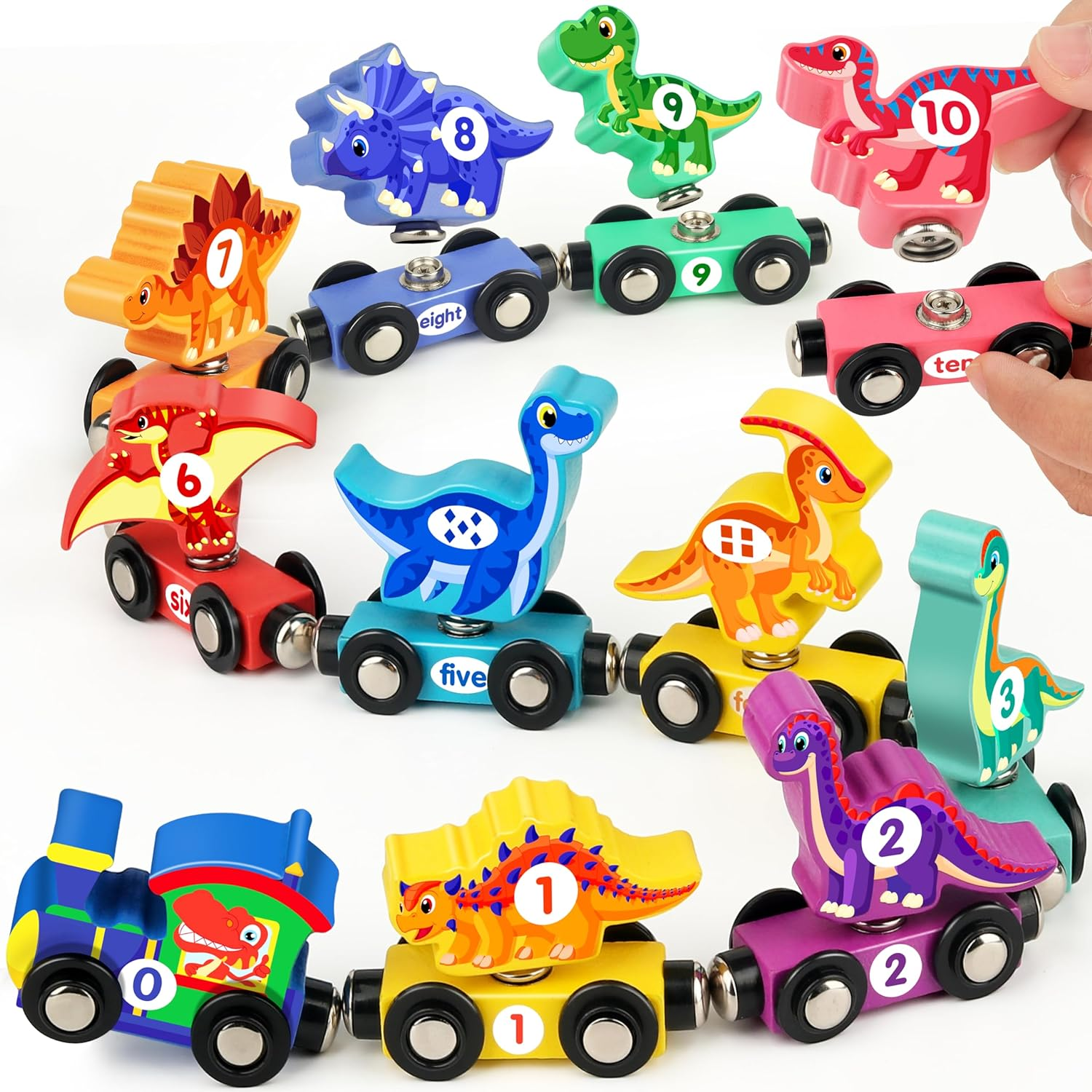 Vanmor Wooden Train Set with Dinosaur Toys - Educational Toddler Matching and Magnetic Number Train Learning Toys for Kids Ages 3-5 image number 5