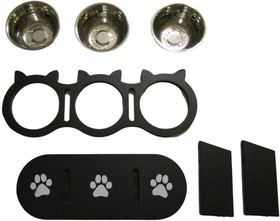 AIMALL 3Pcs Adjustable Pet Feeder, Wooden Cat and Dog Food Bowl Stand with Stainless Steel Bowls, Elevated Feeding Rack for Pets, 16.53X6.29X6.06 Inch Durable Dining Table image number 1