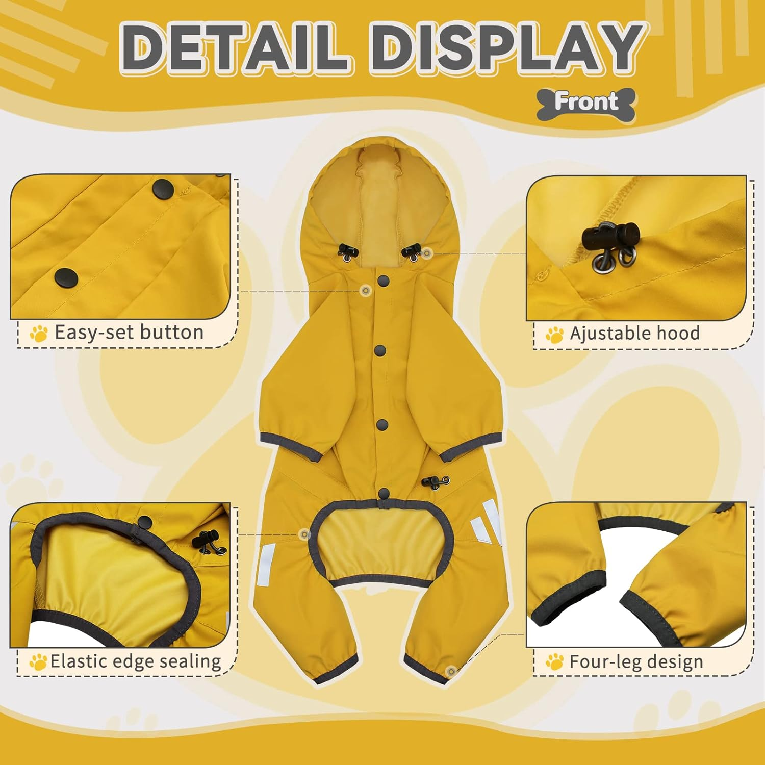 Dog Raincoat, Waterproof Dog Rain Jacket with Hood, Dog Rain Coat with Leash Hole, Reflective Strap for Small Medium Dogs, Lightweight Puppy Clothes(Yellow,M) image number 3