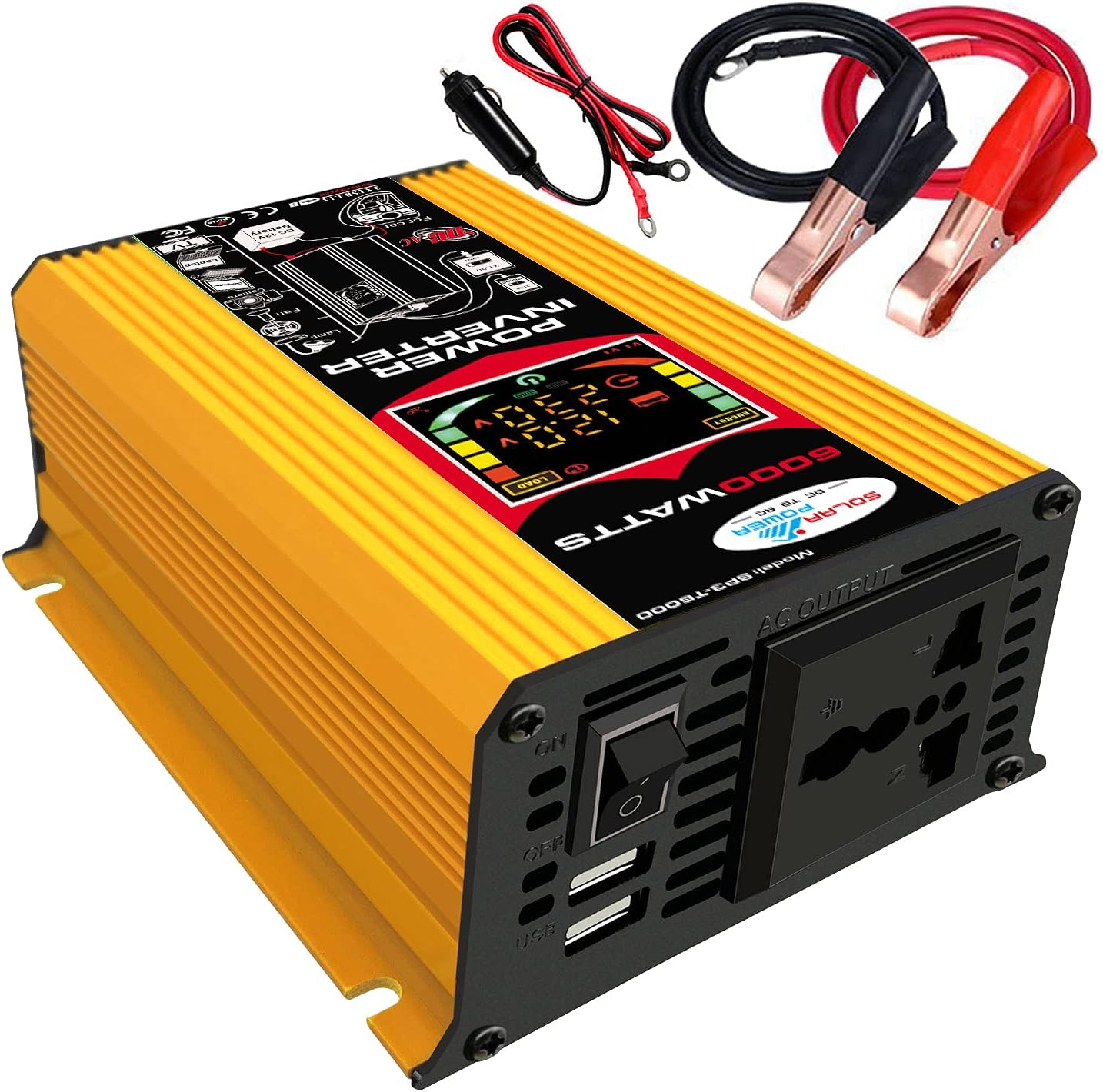 LAPOOH Modified Sine Wave Inverter High Frequency 6000W Power Watt Power Inverter DC 12V to AC 220V Converter Car Power Inverter with 2.1A Dual USB Port Battery Clips Car Cigarette Plug LCD Display