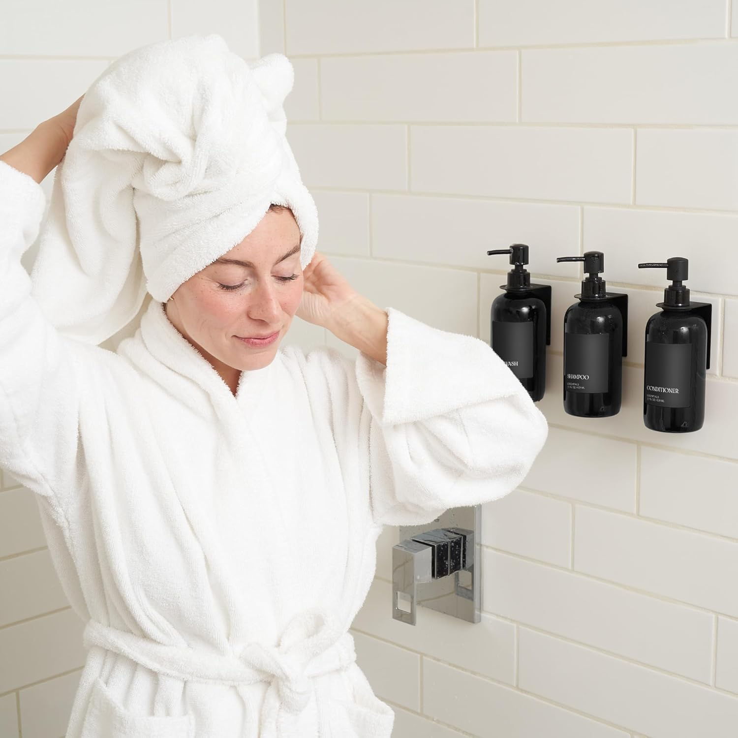 Stylish Shampoo and Conditioner Dispenser Set of 3 for Wall Mount - Modern Drill Free 21Oz Shower Soap Bottles with Labels - Easy Refill Body Wash Dispensers for an Instant Bathroom Decor Upgrade image number 5