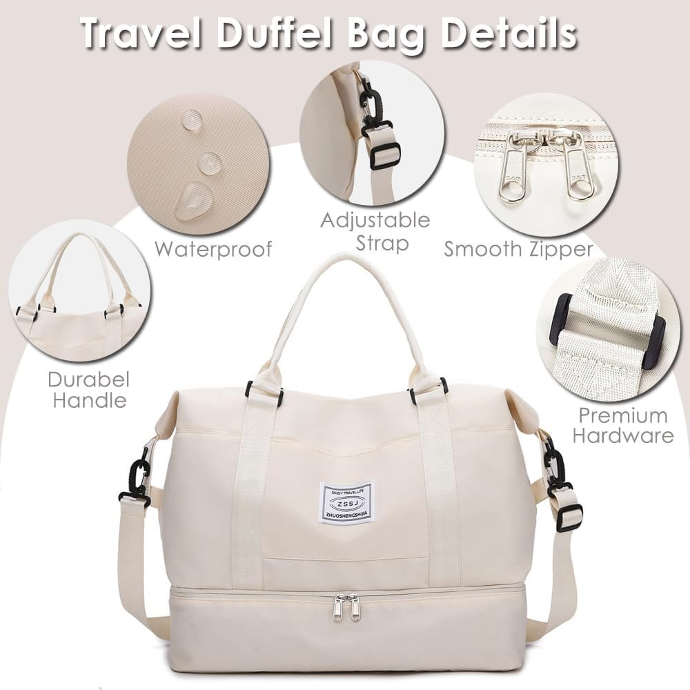 Travel Duffel Bags,Weekender Bags for Women&Men with Shoe Compartment,Large Capacity Travel Overnight Bags with Toiletry Bag,Carry on Bag for Travel, Gym,Hospital,Weekend(Beige)
