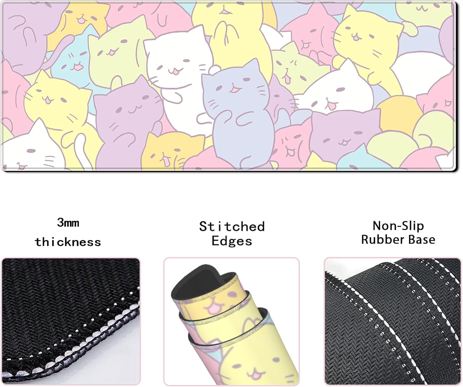 Anime Cute Cat Gaming Mouse Pad Colorful Large Desk Mat, 31.5X11.8 Inch Mousepad Extended Non-Slip Rubber Base Keyboard Mat with Stitched Edges for Desk Home Office - Black Cat3 image number 2