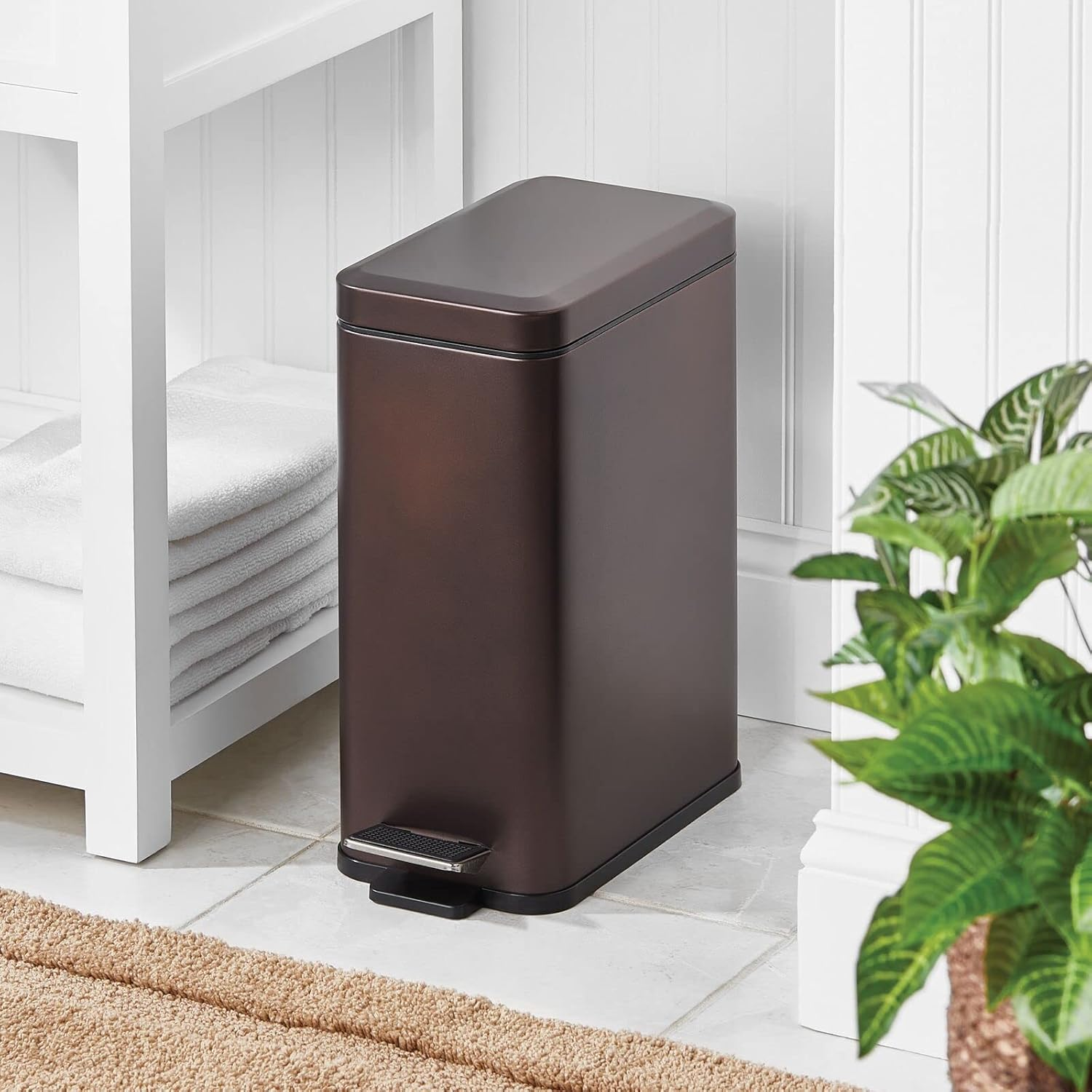Mdesign Slim Metal Rectangle 2.6 Gallon Trash Can with Step Pedal, Easy-Close Lid, Removable Liner - Narrow Wastebasket Garbage Container Bin for Bathroom, Bedroom, Kitchen, Office - Bronze image number 7