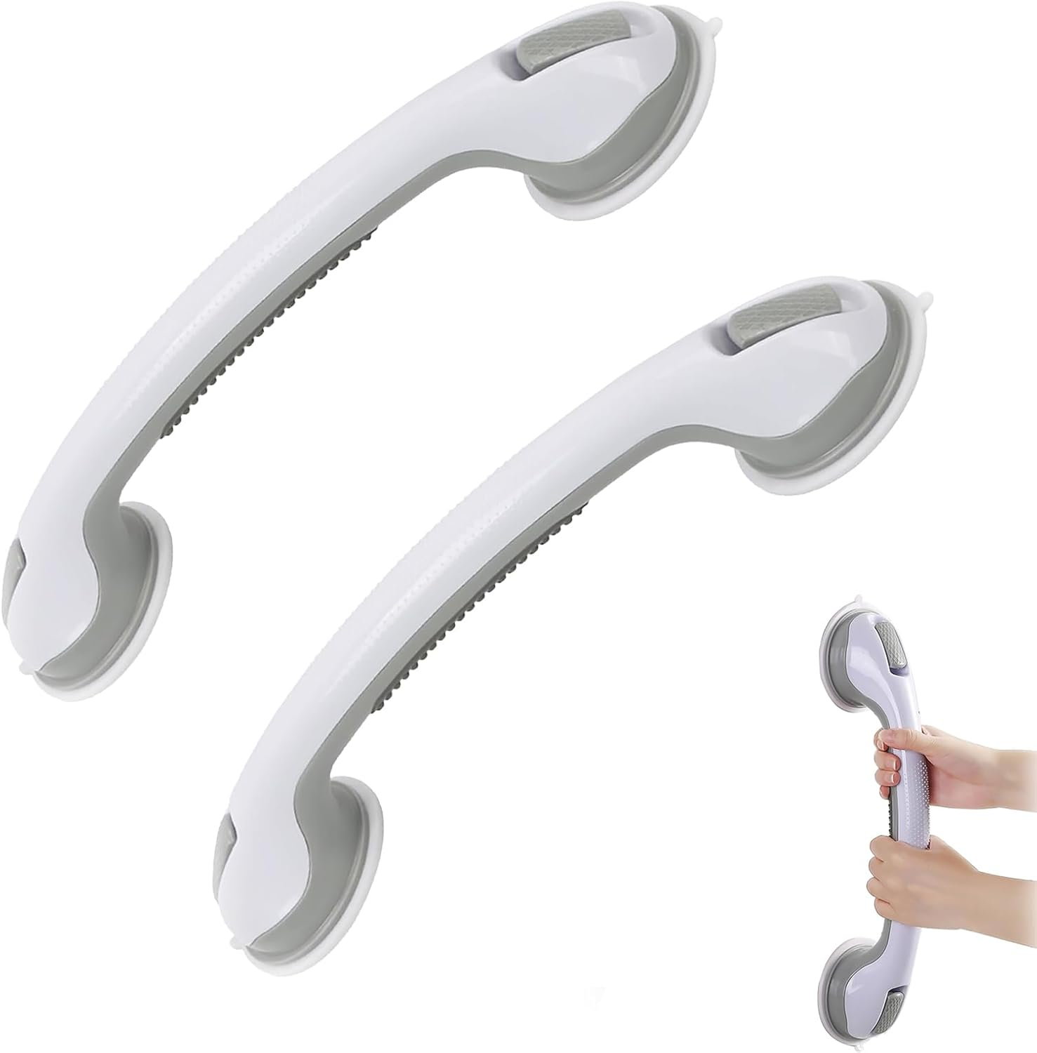 Suction Grab Rod for Showers and Bathtubs - Set of 2 Heavy Duty Shower Handles - Removable Handrails for Seniors - Bathroom Safety Grip - No Drilling Needed - Waterproof - Grey