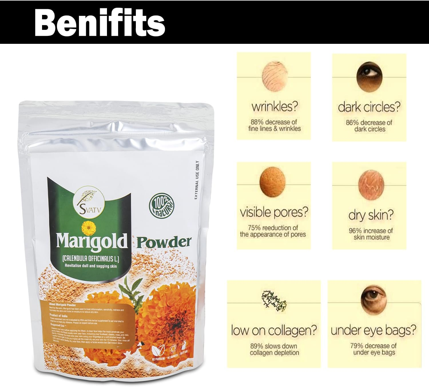 SVATV Marigold Powder | Calendula Powder | Skin Exfoliation | Relieves Skin Impurities | Tightens the Skin | Paraben & Sulfate Free - 227G, Half Pound, 8 Ounce image number 1