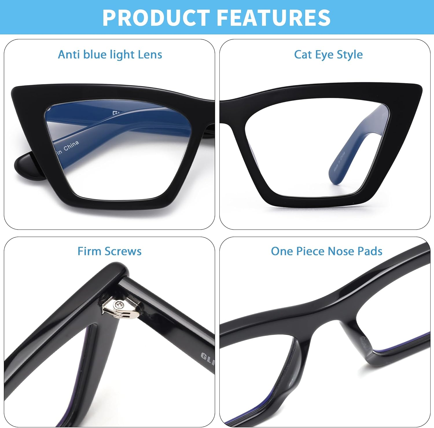 GLINDAR Cat Eye Blue Light Blocking Glasses Vintage Narrow Square Computer Eyeglasses Acetate Frame image number 1