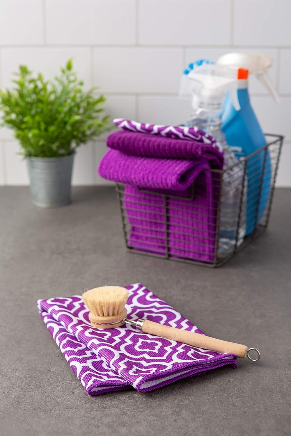 DII Multi-Purpose Microfiber Cleaning Cloth, Washing, Drying, Ultra Absorbent Dishtowel, Use for Glass, Travel, LCD Screens, Electronics, Cars, Kitchen, Bathroom, 16X19 (Set of 4) - Eggplant Lattice image number 4